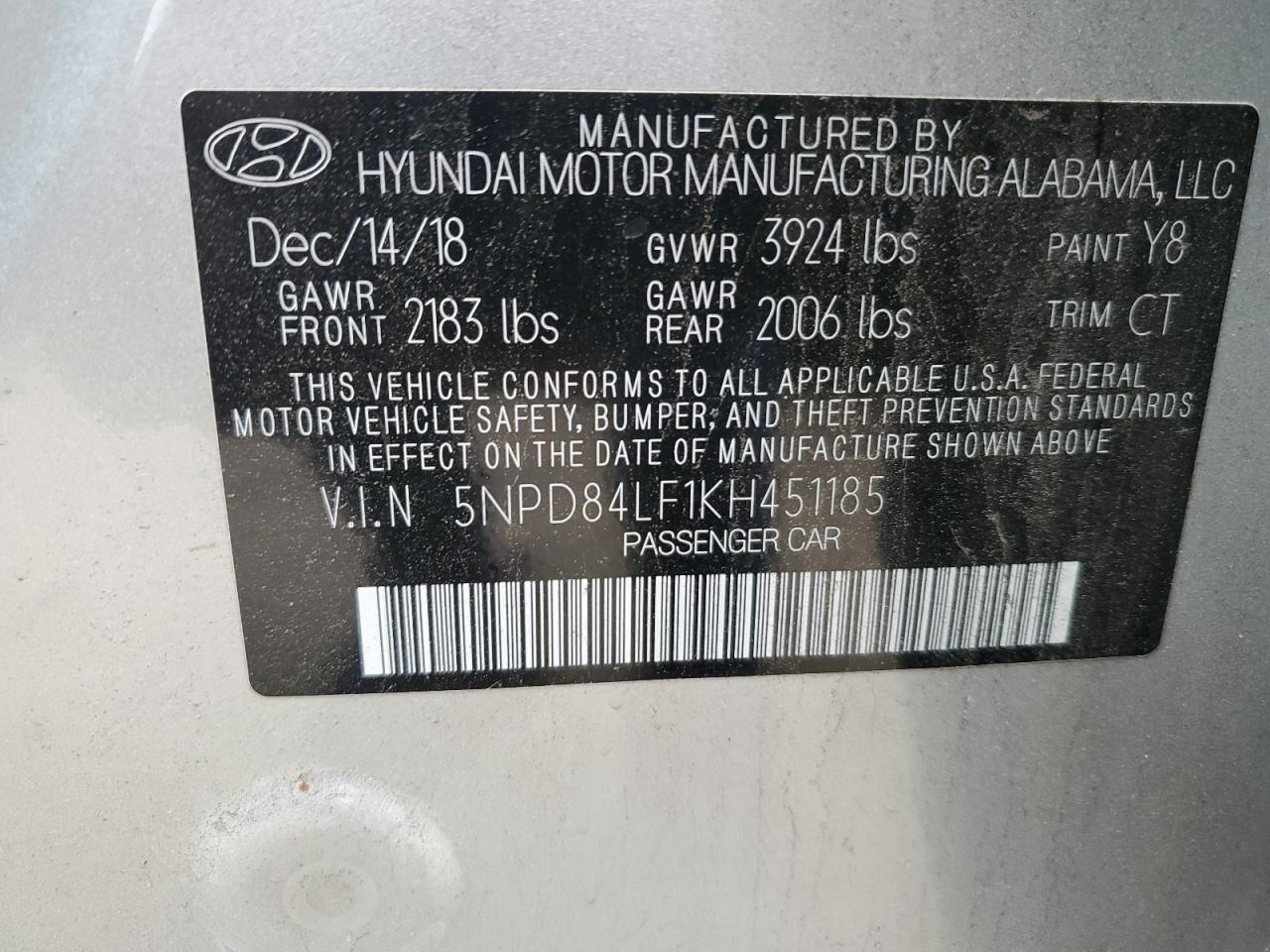 5NPD84LF1KH451185 2019 Hyundai Elantra Sel