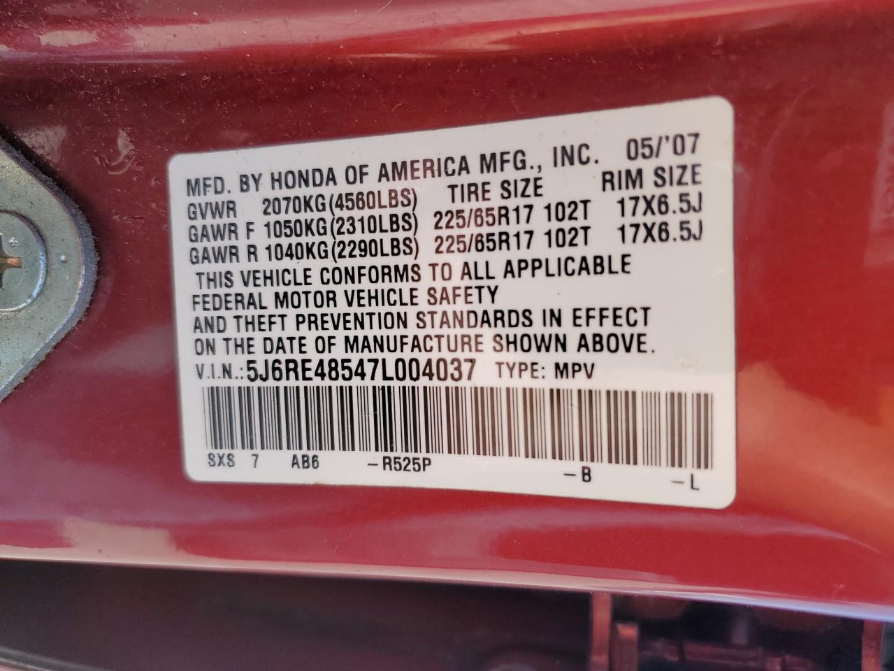 5J6RE48547L004037 2007 Honda Cr-V Ex