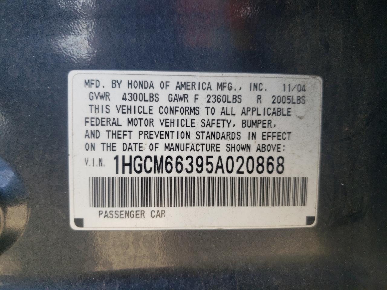 1HGCM66395A020868 2005 Honda Accord Lx