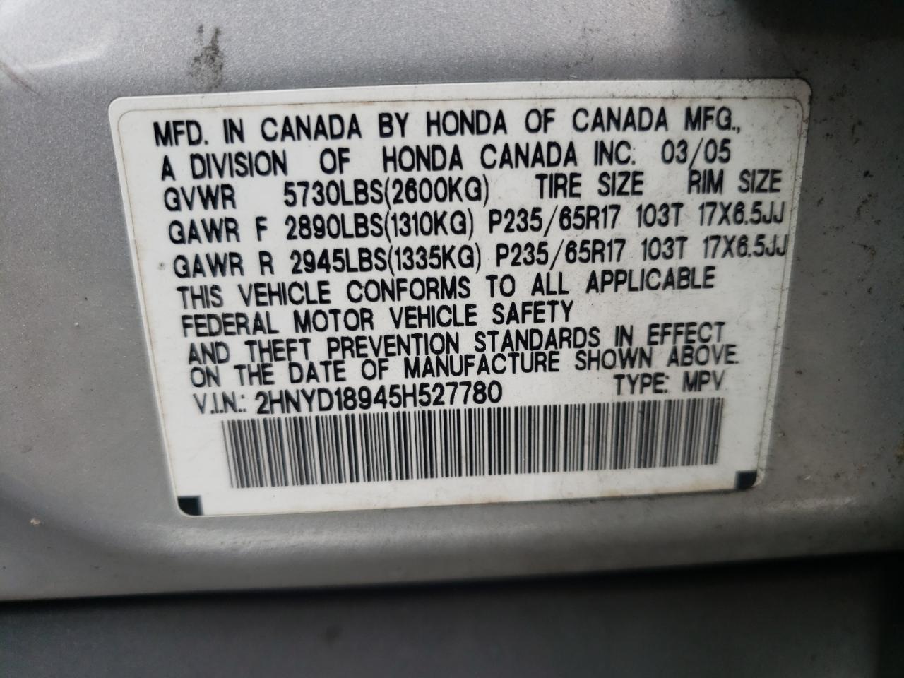 2HNYD18945H527780 2005 Acura Mdx Touring
