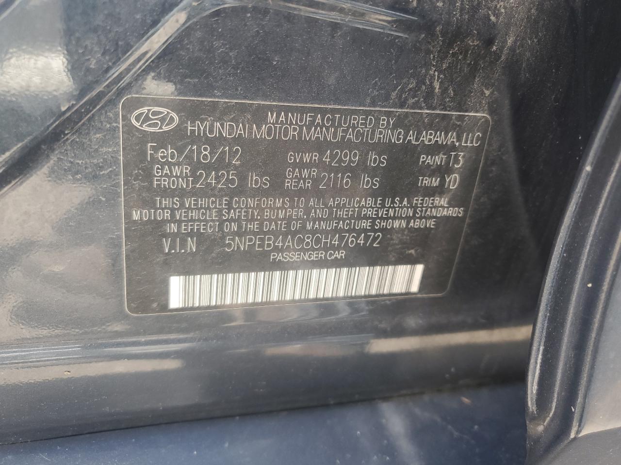 5NPEB4AC8CH476472 2012 Hyundai Sonata Gls