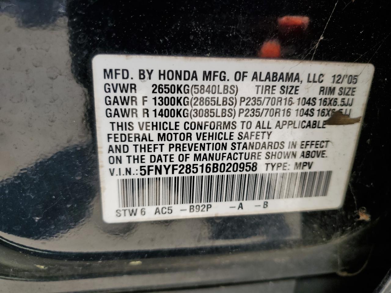 5FNYF28516B020958 2006 Honda Pilot Ex