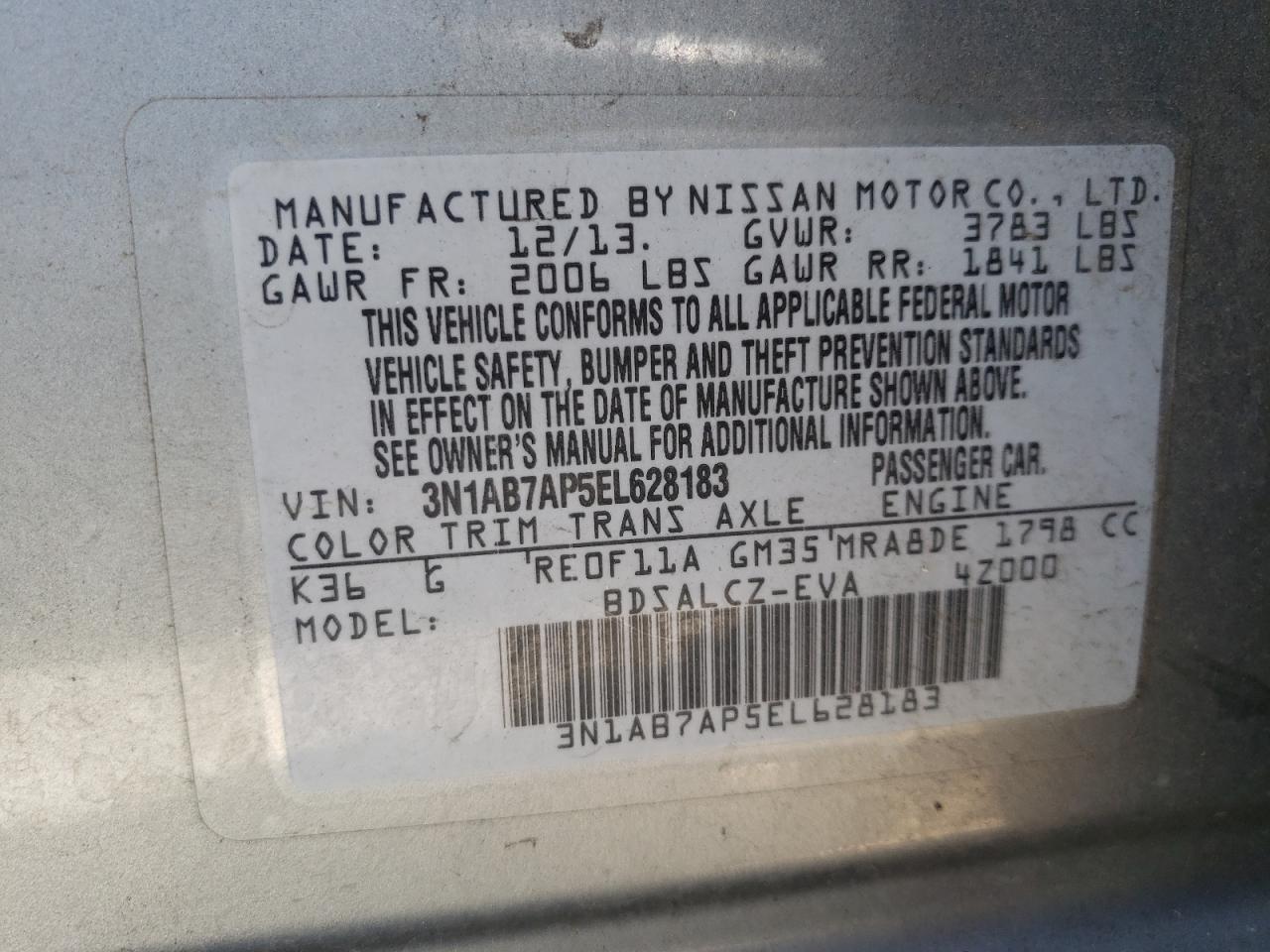 3N1AB7AP5EL628183 2014 Nissan Sentra S