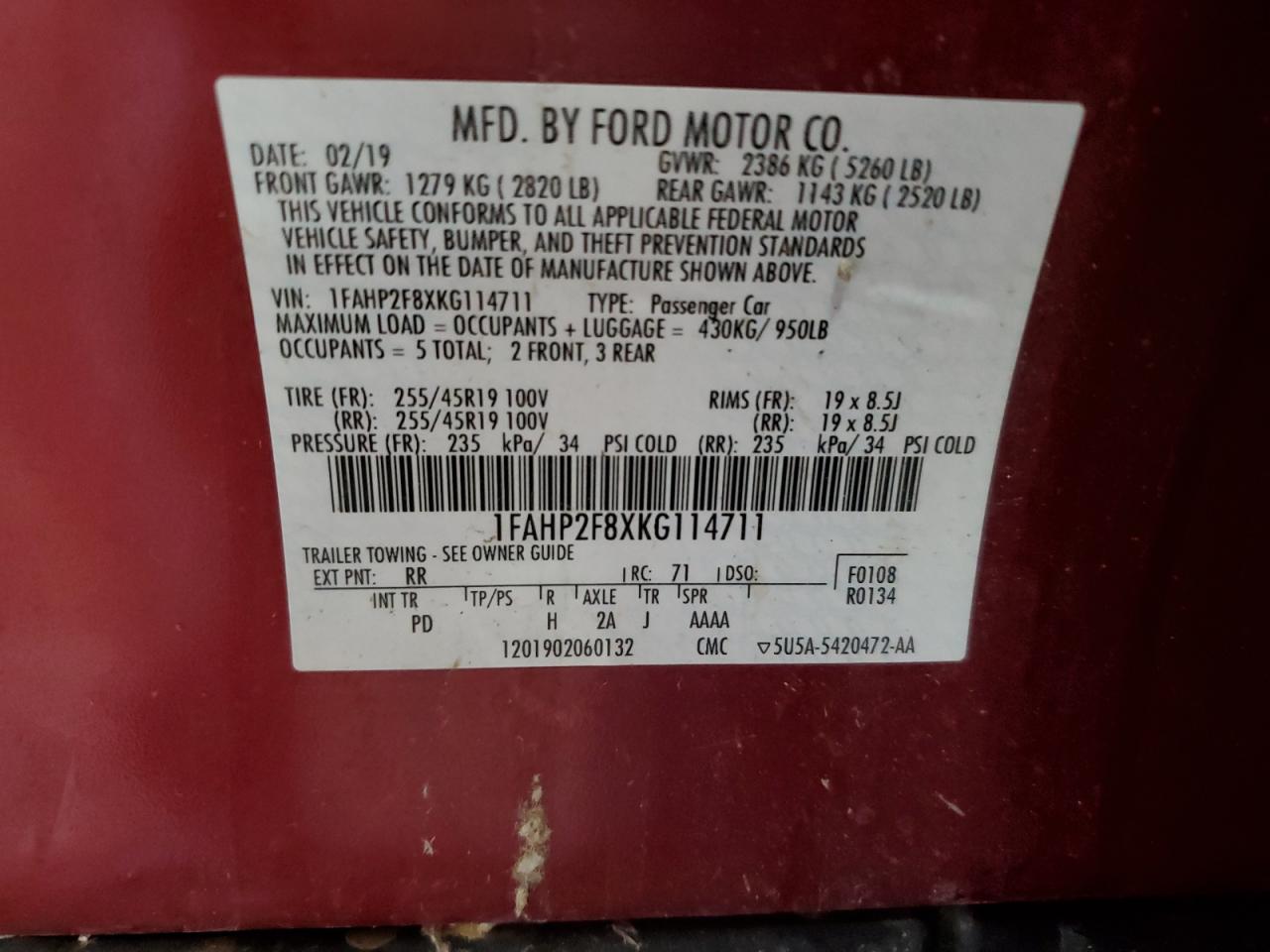 1FAHP2F8XKG114711 2019 Ford Taurus Limited