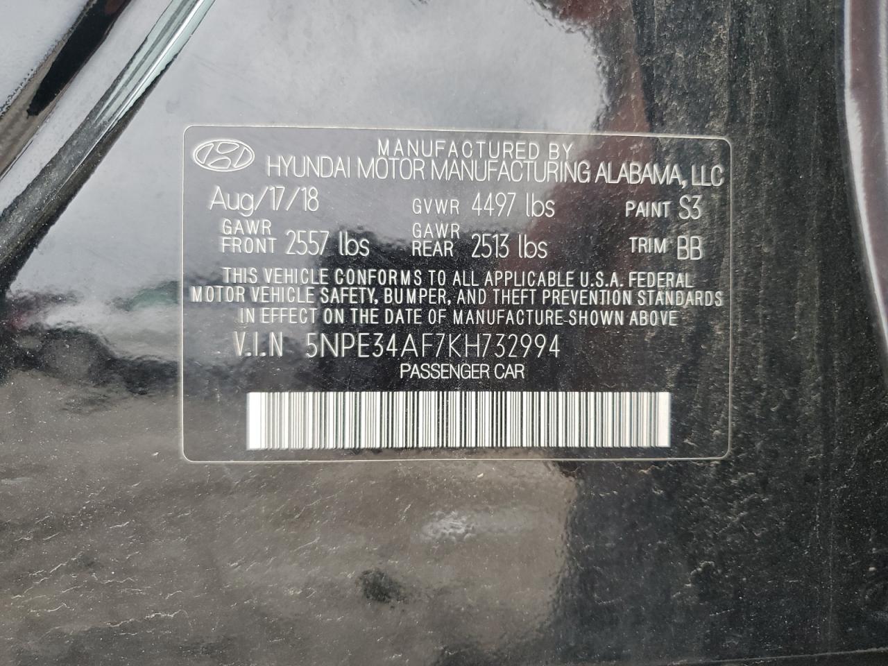 5NPE34AF7KH732994 2019 Hyundai Sonata Limited