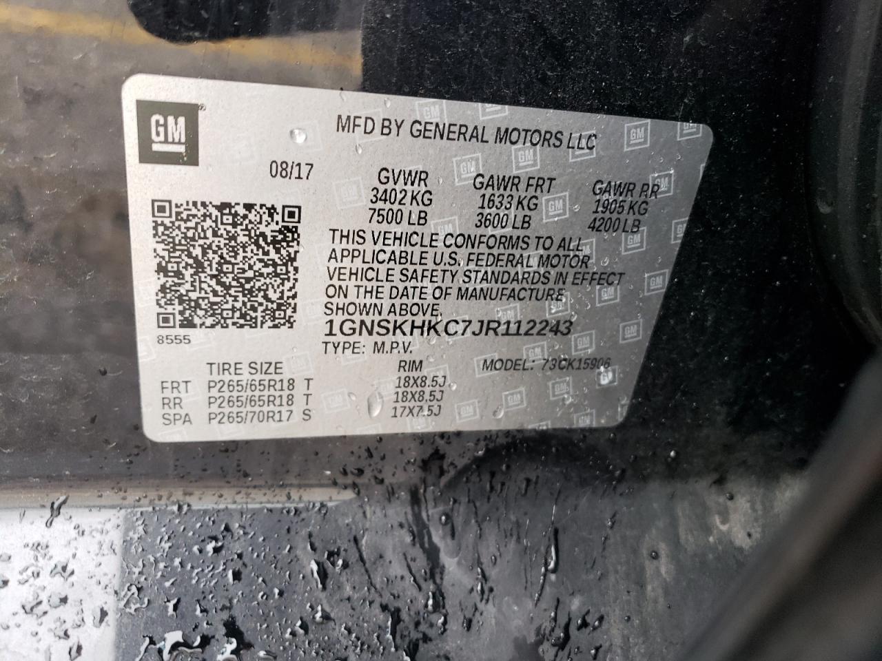 1GNSKHKC7JR112243 CHEVROLET SUBURBAN 2018