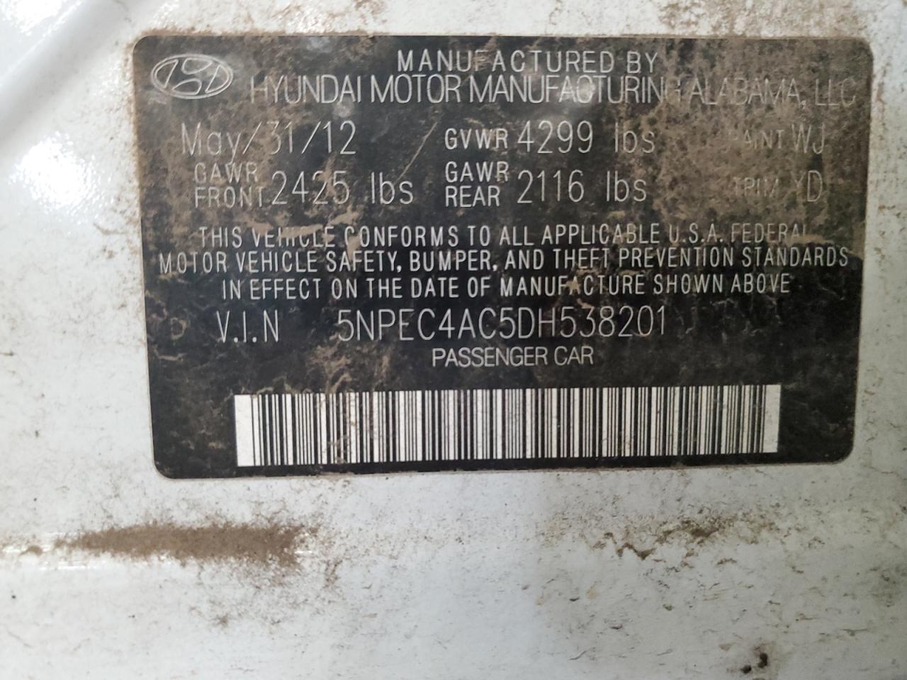 5NPEC4AC5DH538201 2013 Hyundai Sonata Se