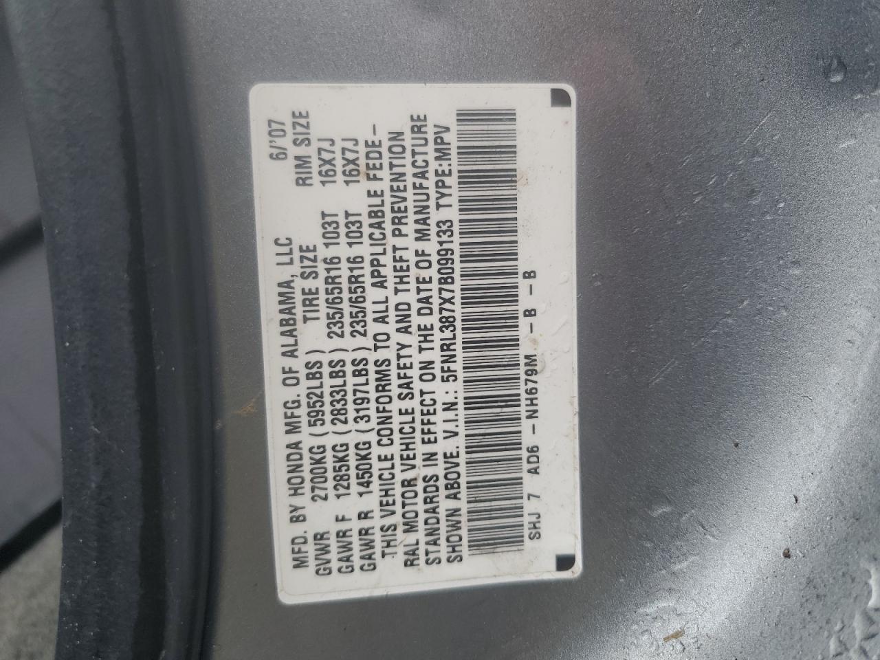 5FNRL387X7B099133 2007 Honda Odyssey Exl