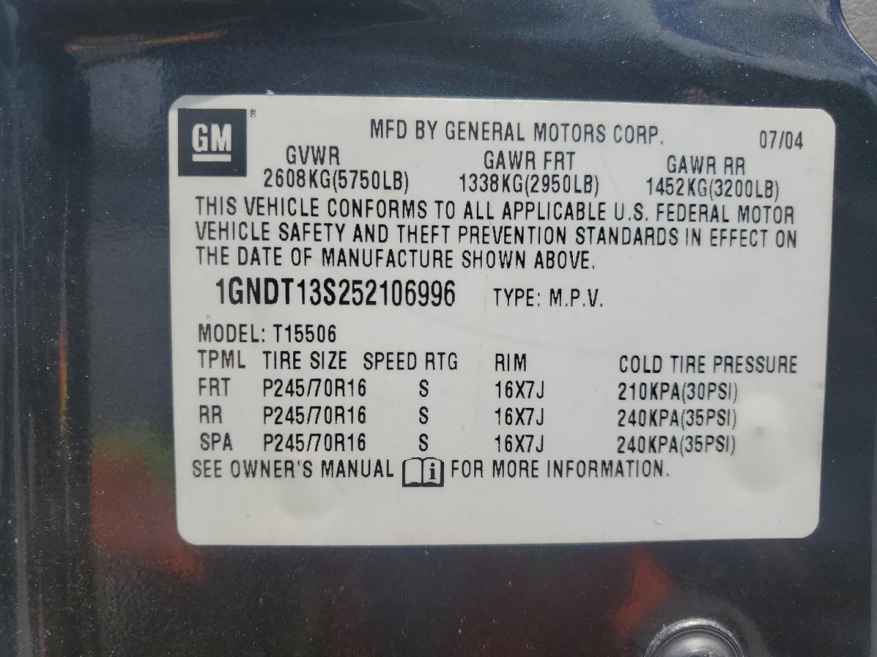 1GNDT13S252106996 2005 Chevrolet Trailblazer Ls