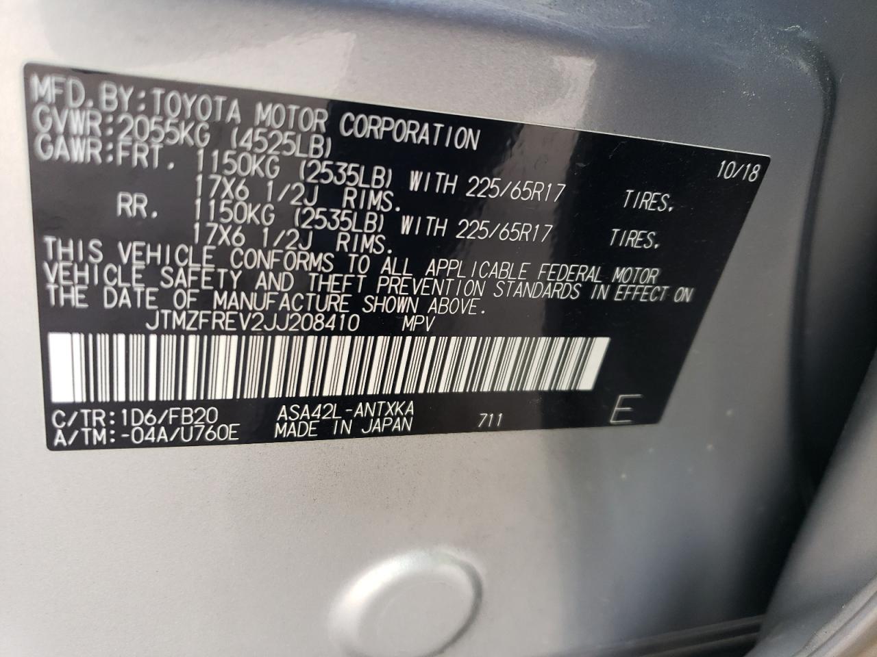 JTMZFREV2JJ208410 TOYOTA RAV4 2018