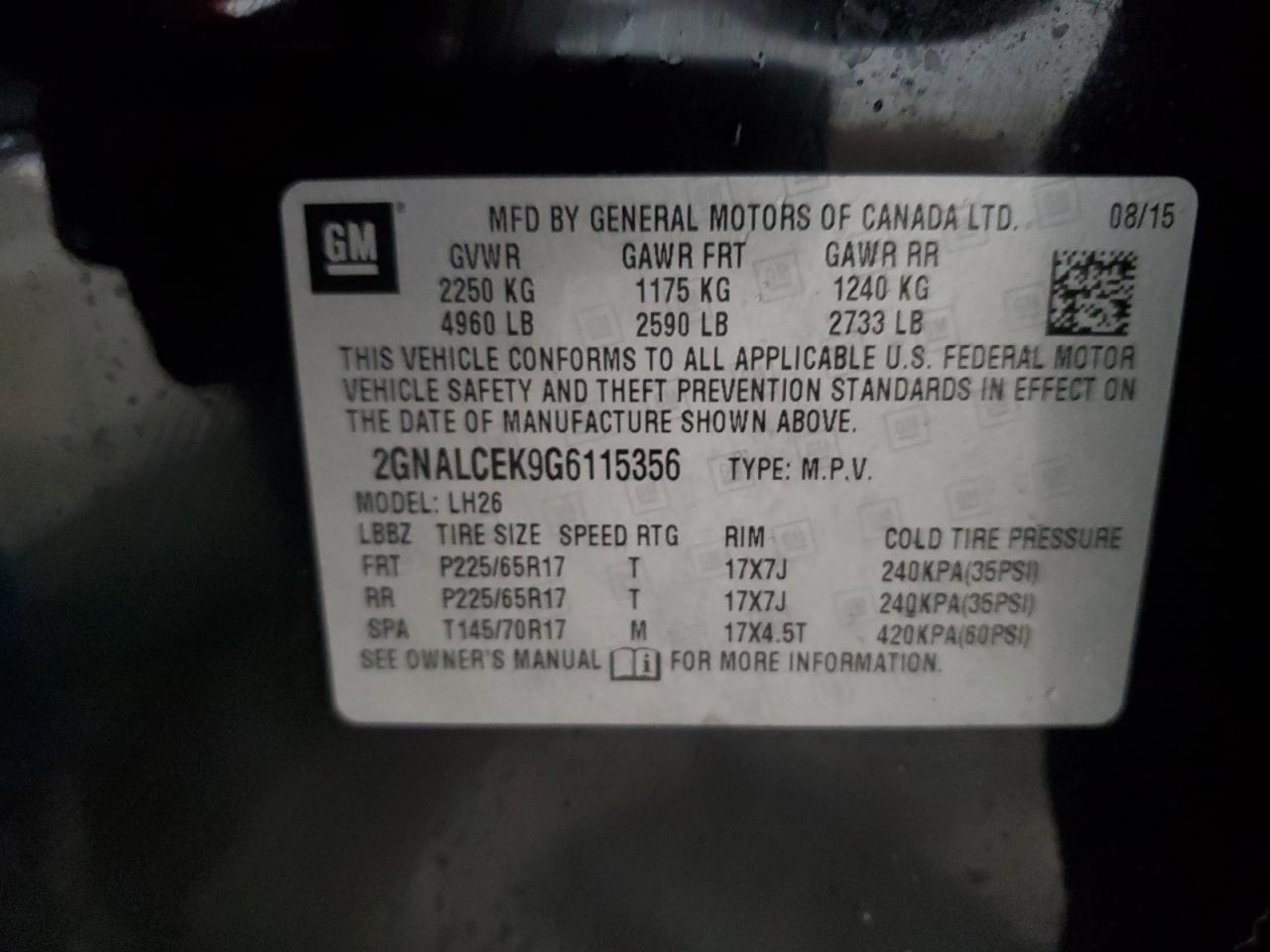 2GNALCEK9G6115356 2016 Chevrolet Equinox Lt