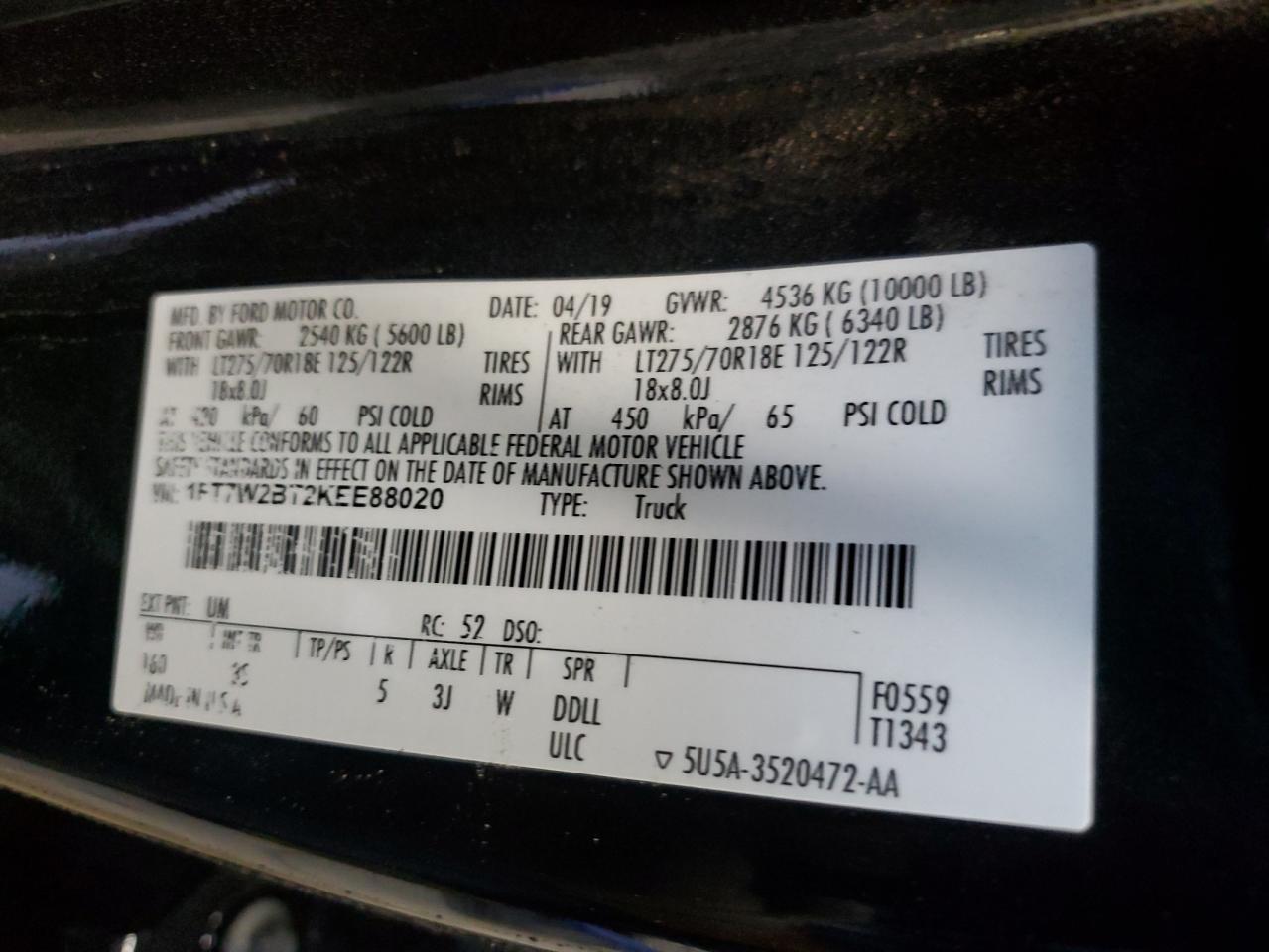 1FT7W2BT2KEE88020 2019 Ford F250 Super Duty