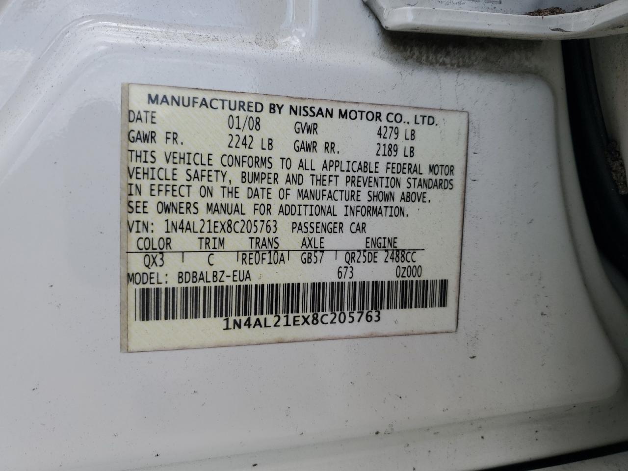 1N4AL21EX8C205763 2008 Nissan Altima 2.5