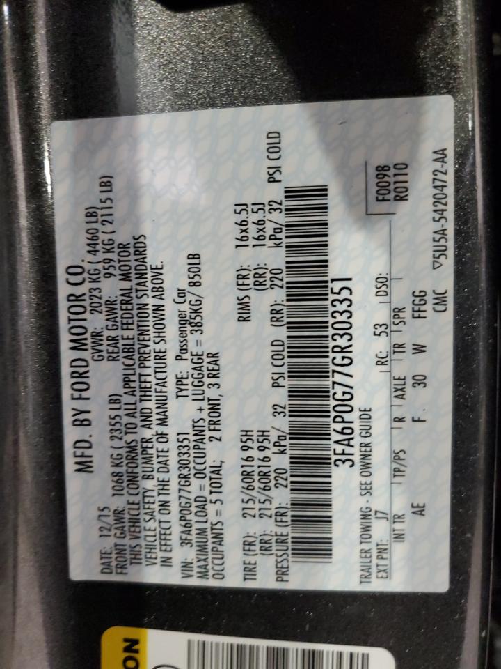 3FA6P0G77GR303351 2016 Ford Fusion S