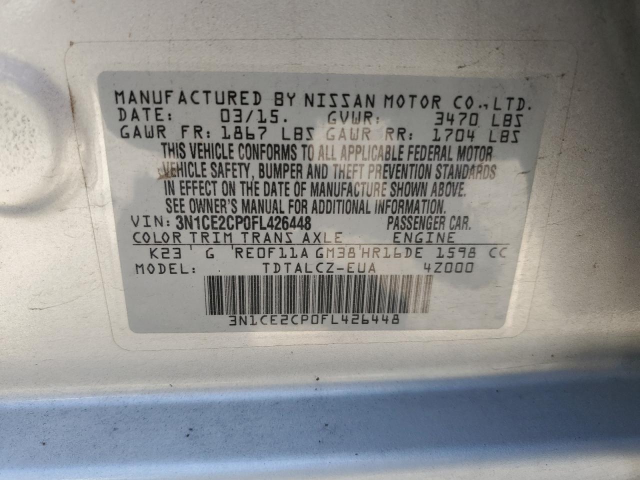 3N1CE2CP0FL426448 2015 Nissan Versa Note S