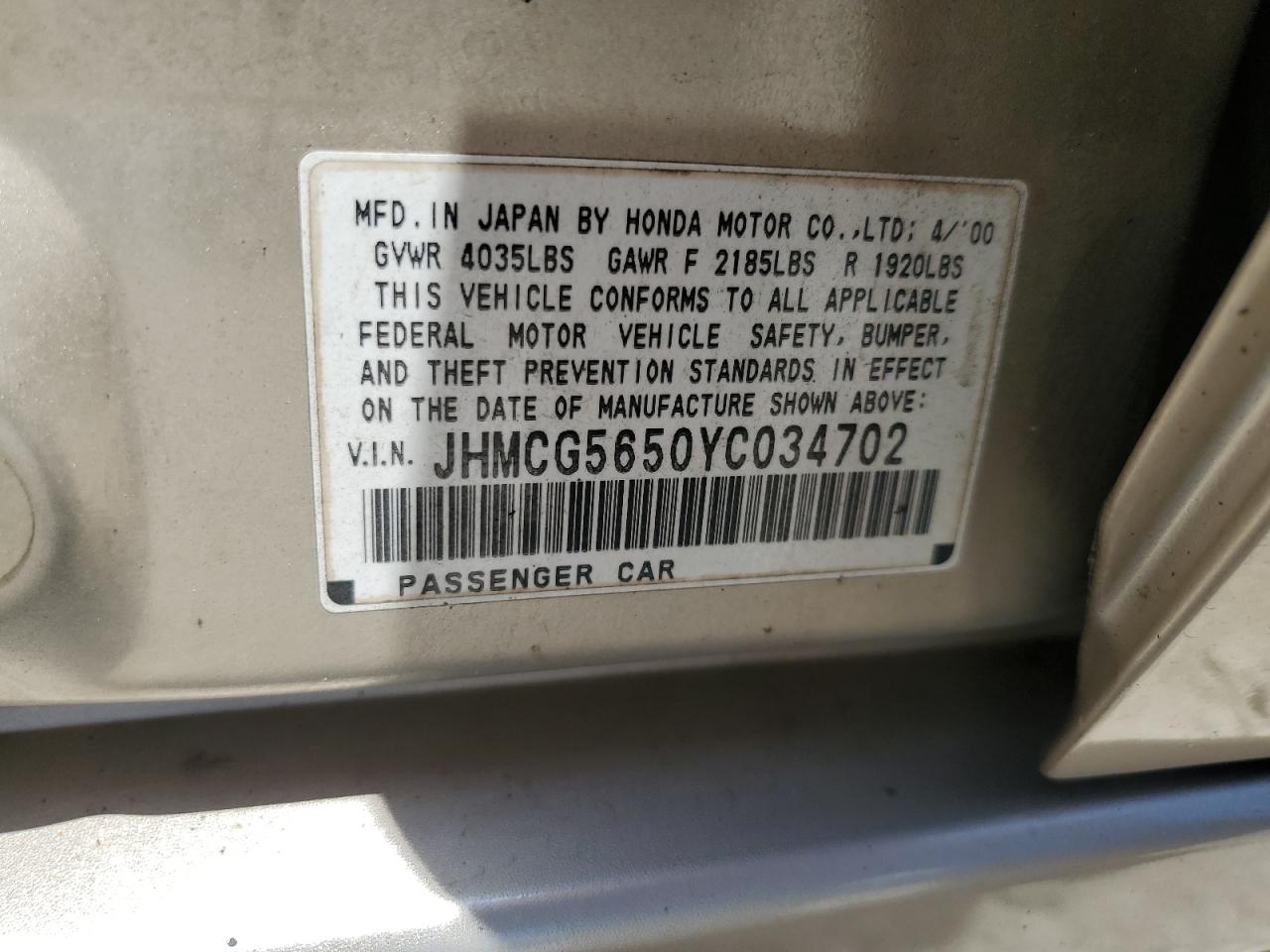 JHMCG5650YC034702 2000 Honda Accord Ex