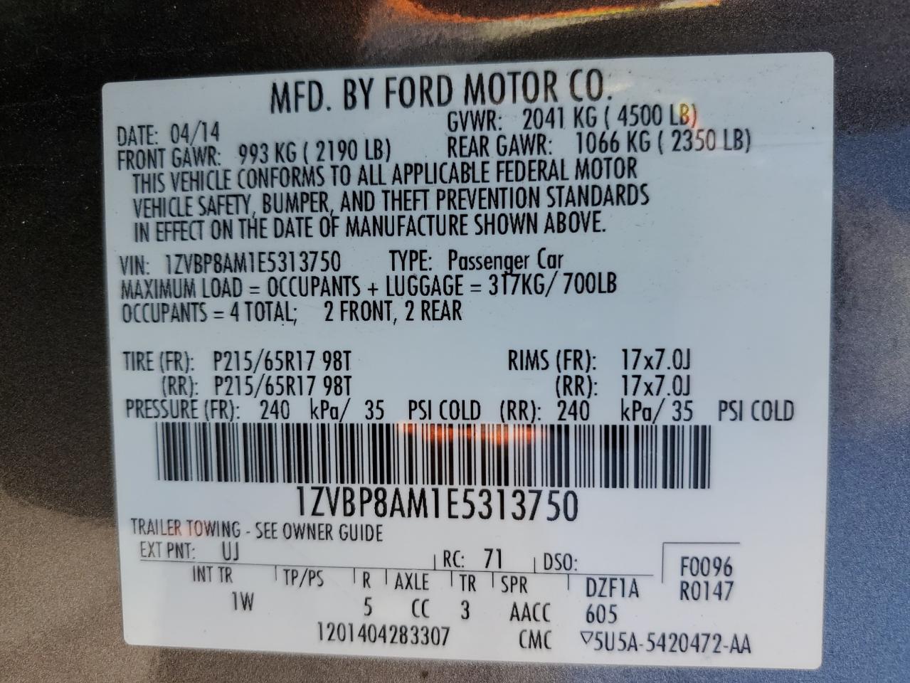 1ZVBP8AM1E5313750 2014 Ford Mustang