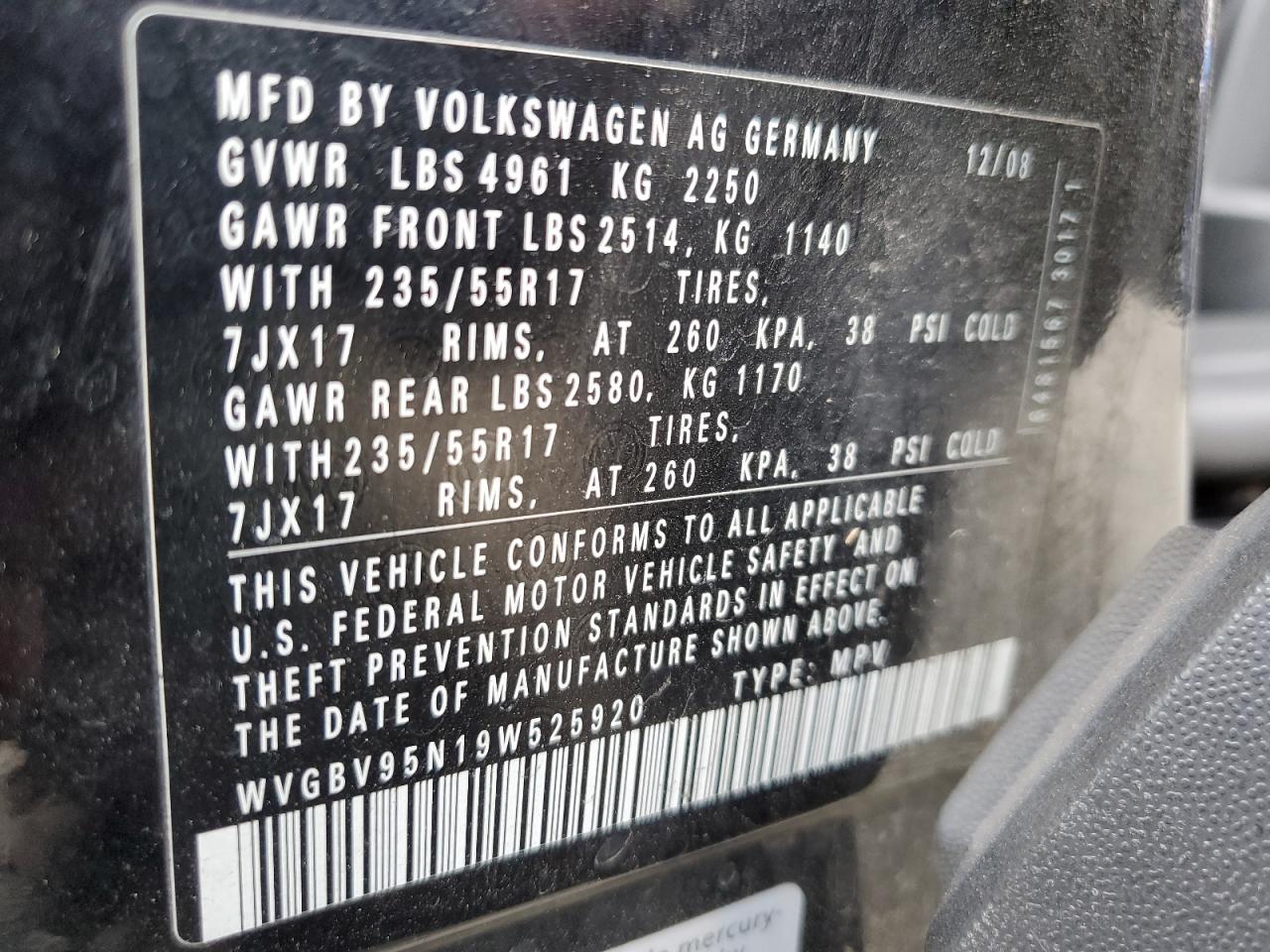 WVGBV95N19W525920 2009 Volkswagen Tiguan Se