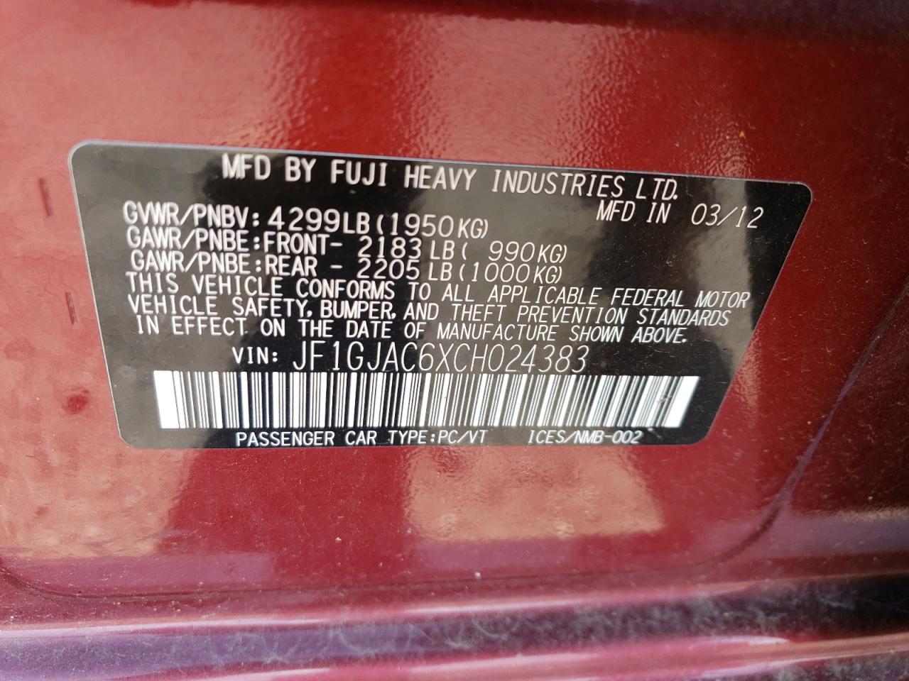 JF1GJAC6XCH024383 2012 Subaru Impreza Premium