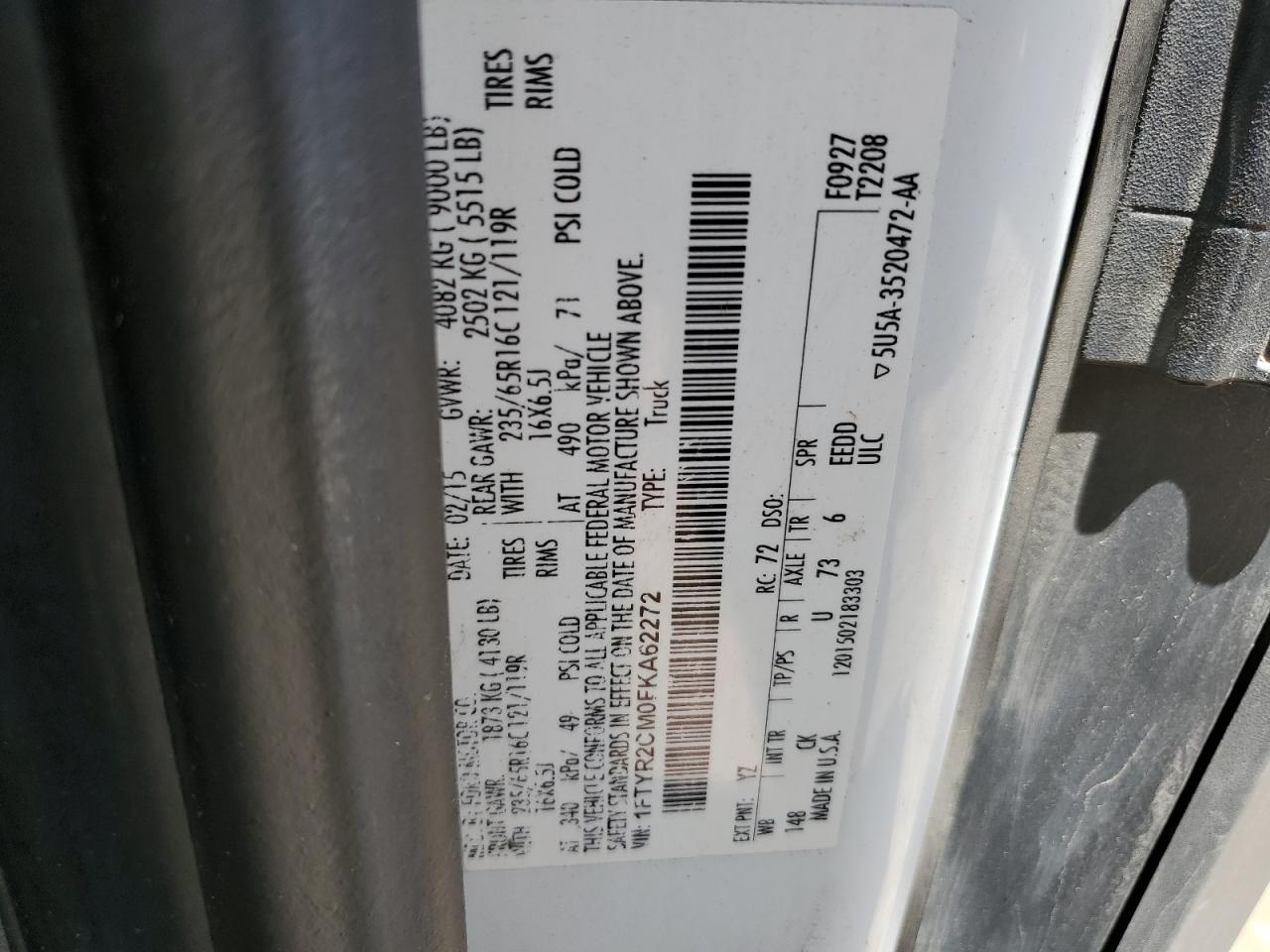 1FTYR2CM0FKA62272 2015 Ford Transit T-250