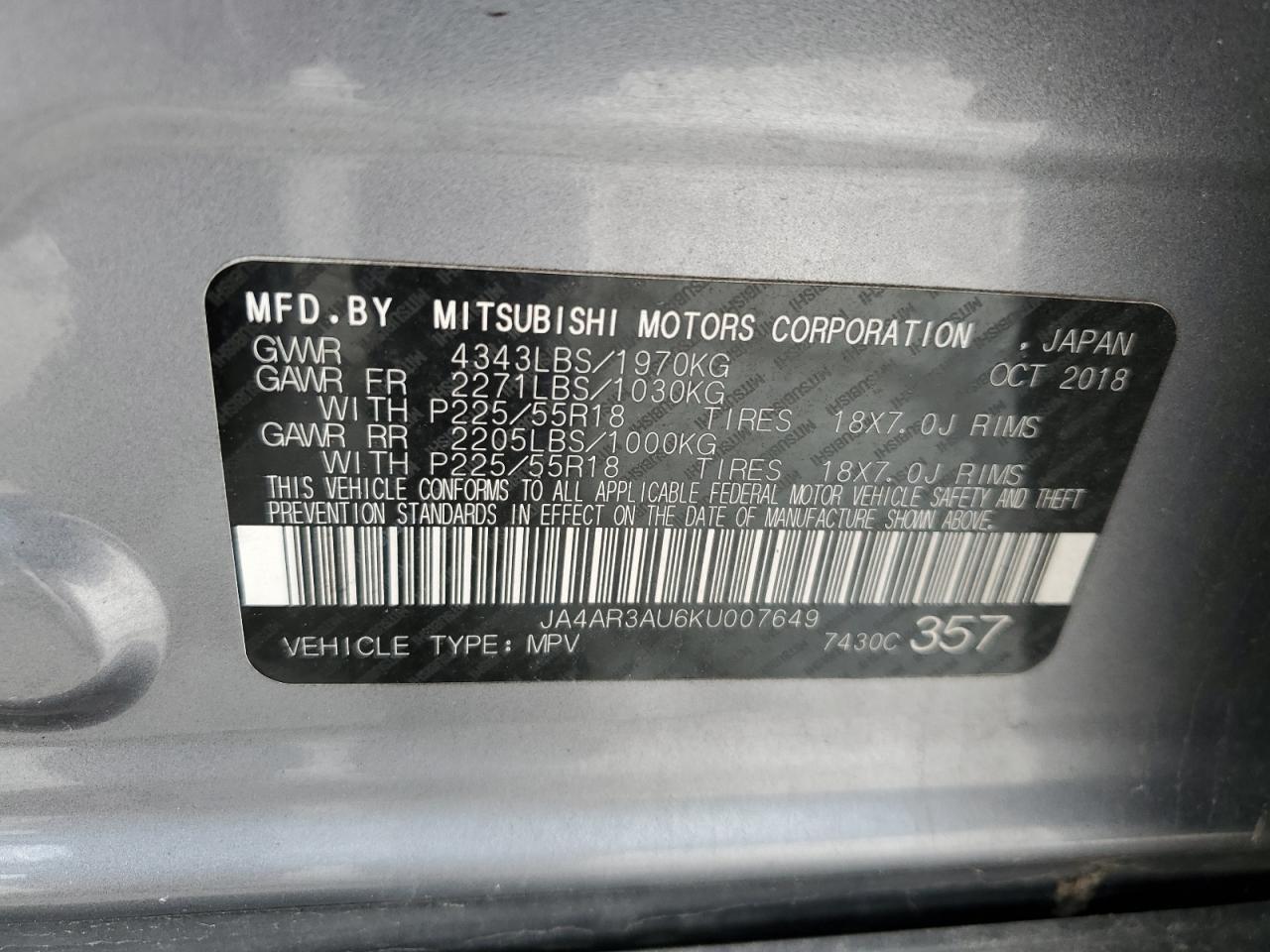 JA4AR3AU6KU007649 2019 Mitsubishi Outlander Sport Es