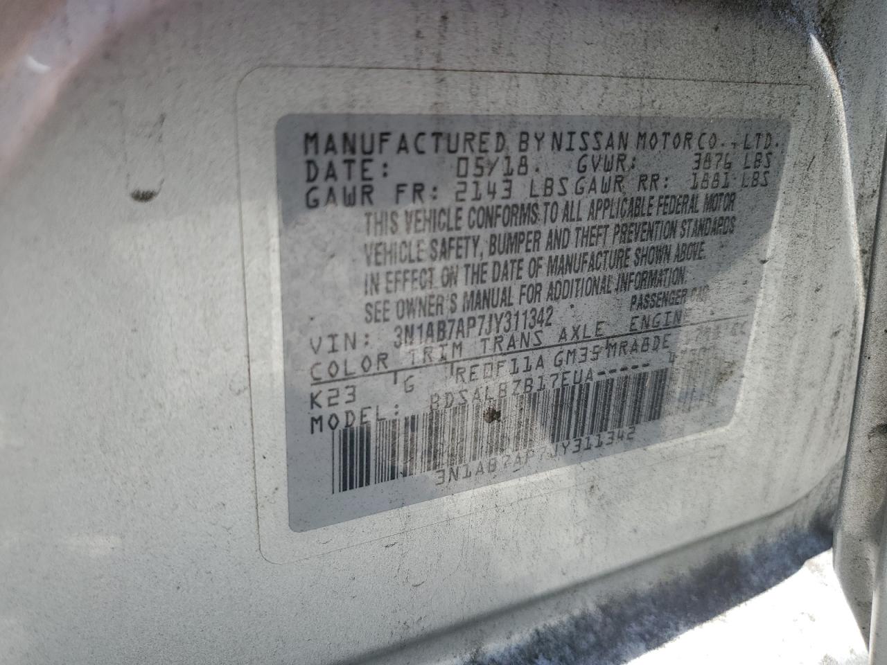 3N1AB7AP7JY311342 NISSAN SENTRA 2018