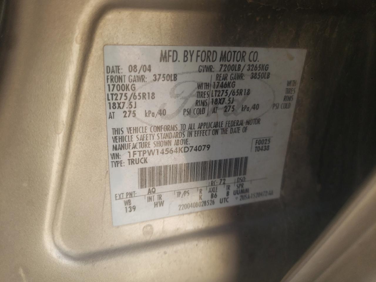 1FTPW14564KD74079 2004 Ford F150 Supercrew