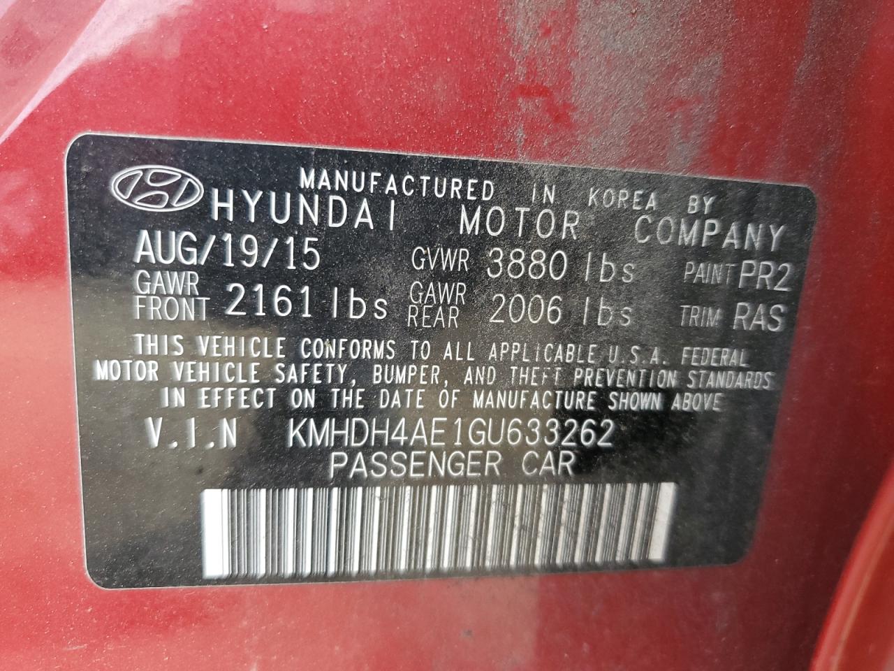 KMHDH4AE1GU633262 2016 Hyundai Elantra Se