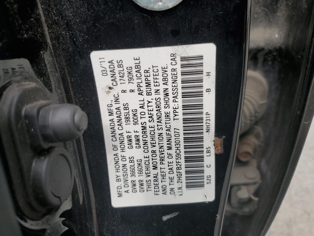 2HGFB2F59CH301077 2012 Honda Civic Lx