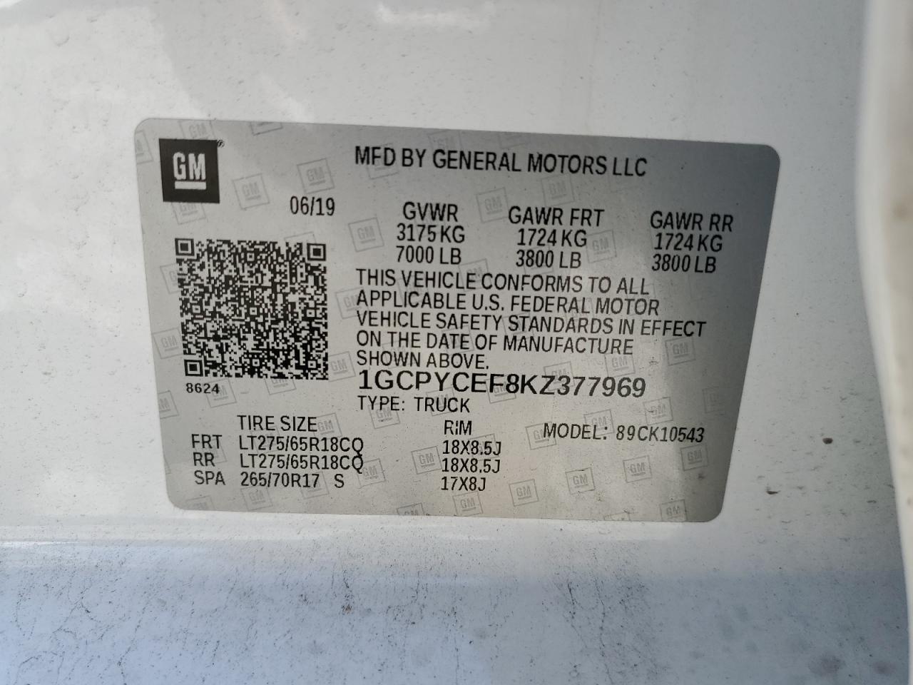 1GCPYCEF8KZ377969 CHEVROLET ALL Models 2019