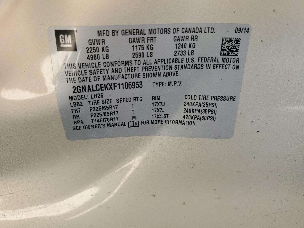 2GNALCEKXF1106953 2015 Chevrolet Equinox Lt