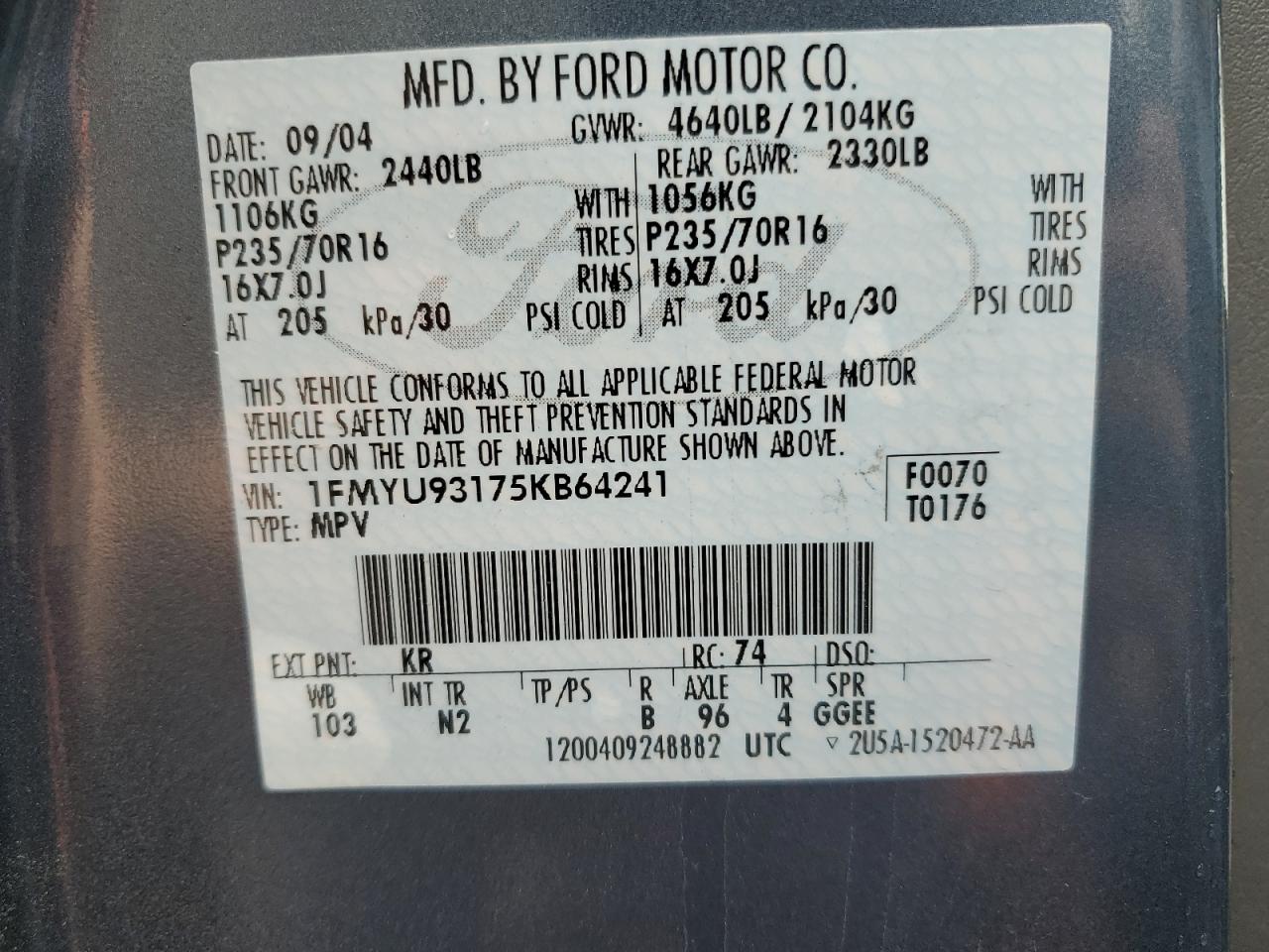 1FMYU93175KB64241 2005 Ford Escape Xlt