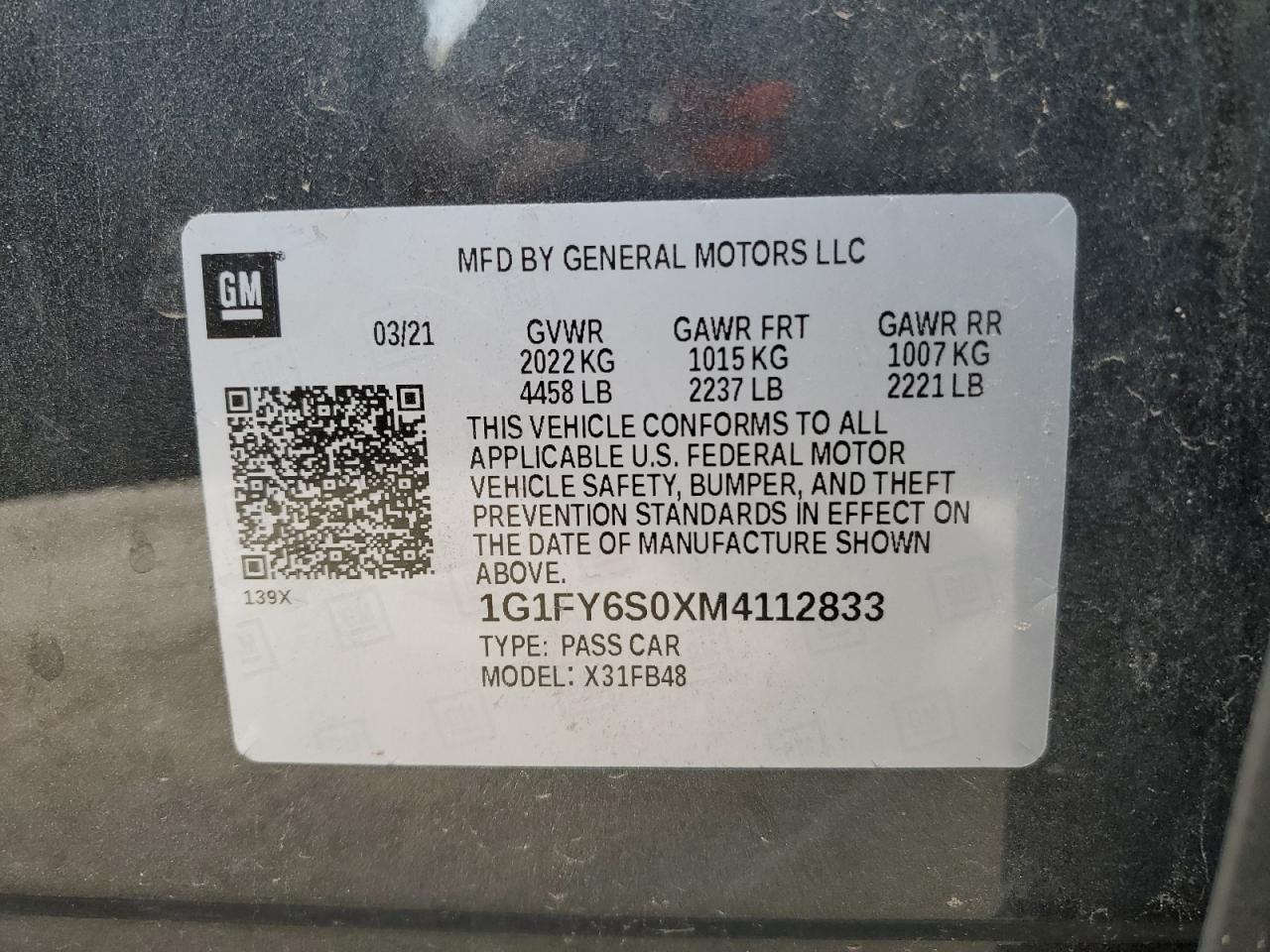 1G1FY6S0XM4112833 2021 Chevrolet Bolt Ev Lt