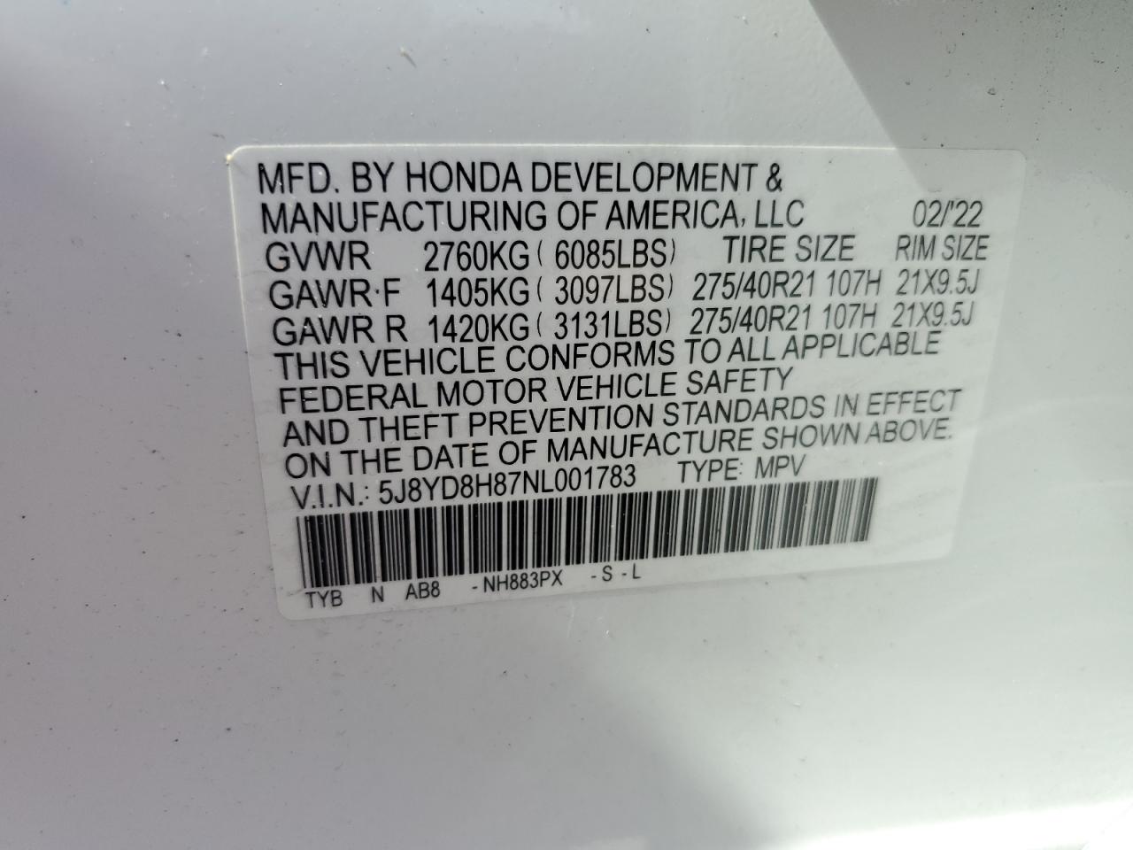 5J8YD8H87NL001783 2022 Acura Mdx Type S Advance