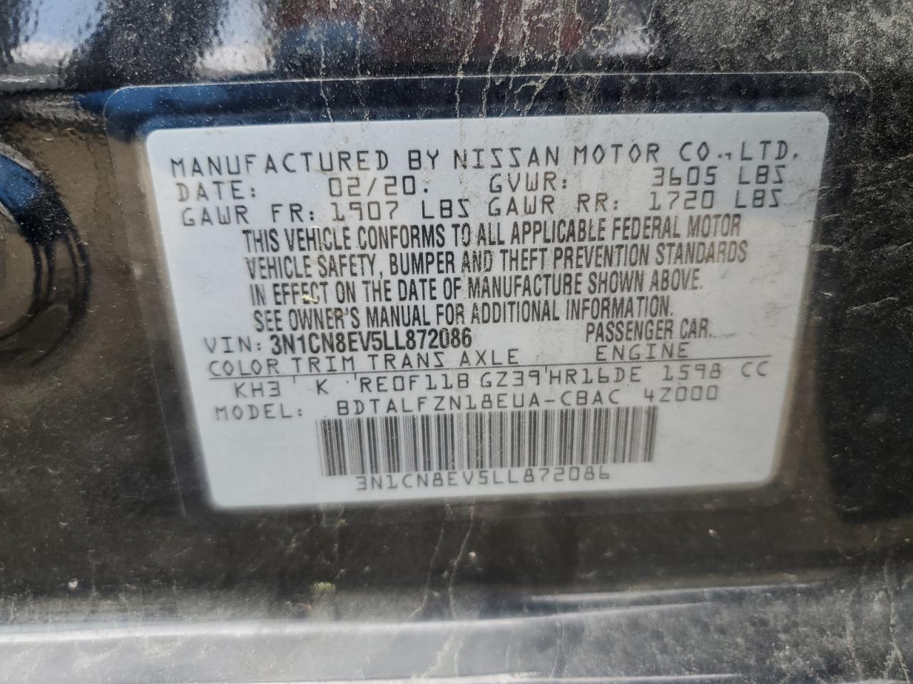 3N1CN8EV5LL872086 2020 Nissan Versa Sv