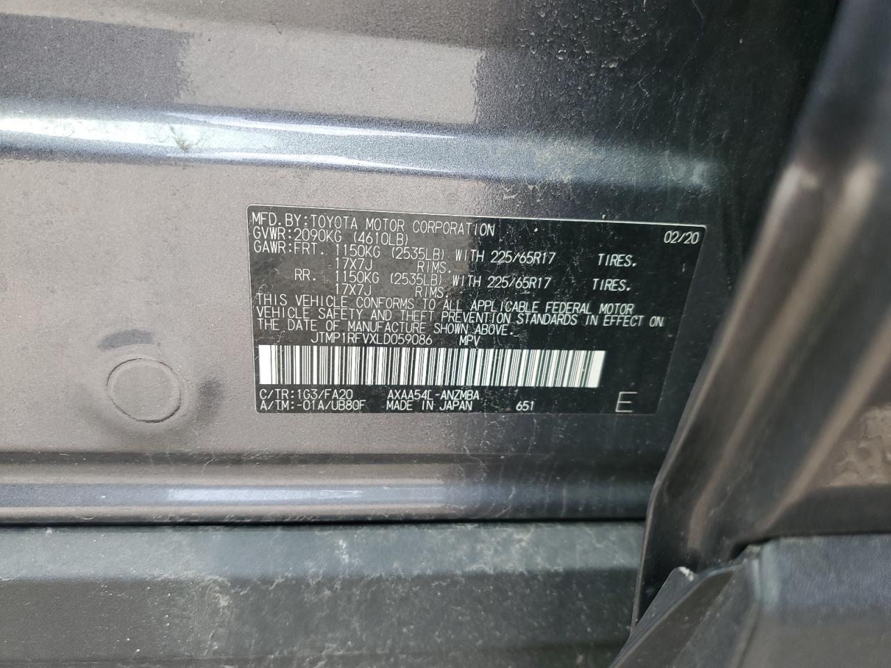 JTMP1RFVXLD059086 2020 Toyota Rav4 Xle