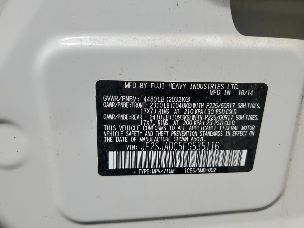 JF2SJADC5FG535116 2015 Subaru Forester 2.5I Premium