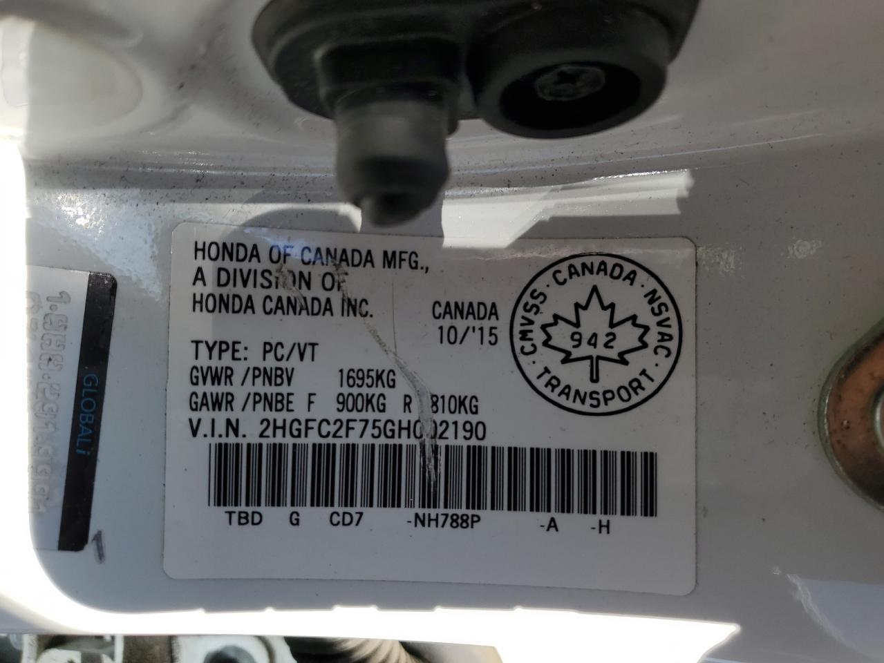 2HGFC2F75GH002190 HONDA CIVIC 2016