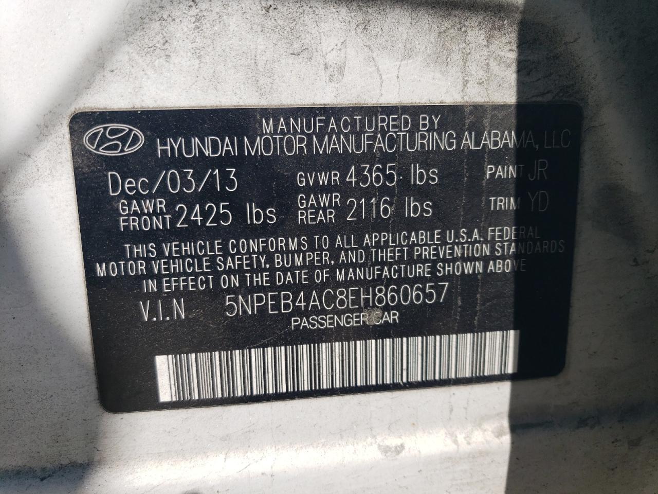 5NPEB4AC8EH860657 2014 Hyundai Sonata Gls