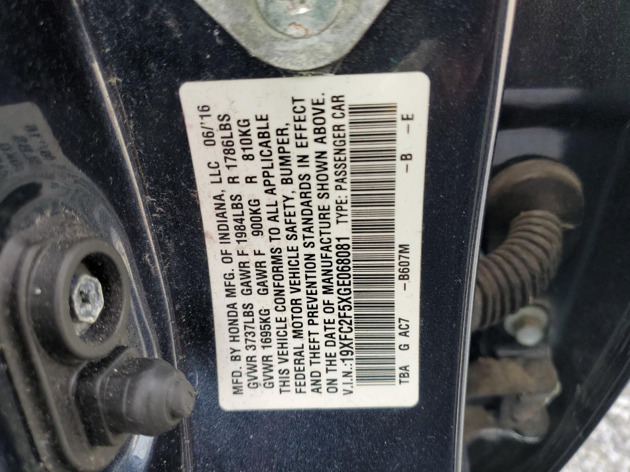 19XFC2F5XGE068081 HONDA CIVIC 2016