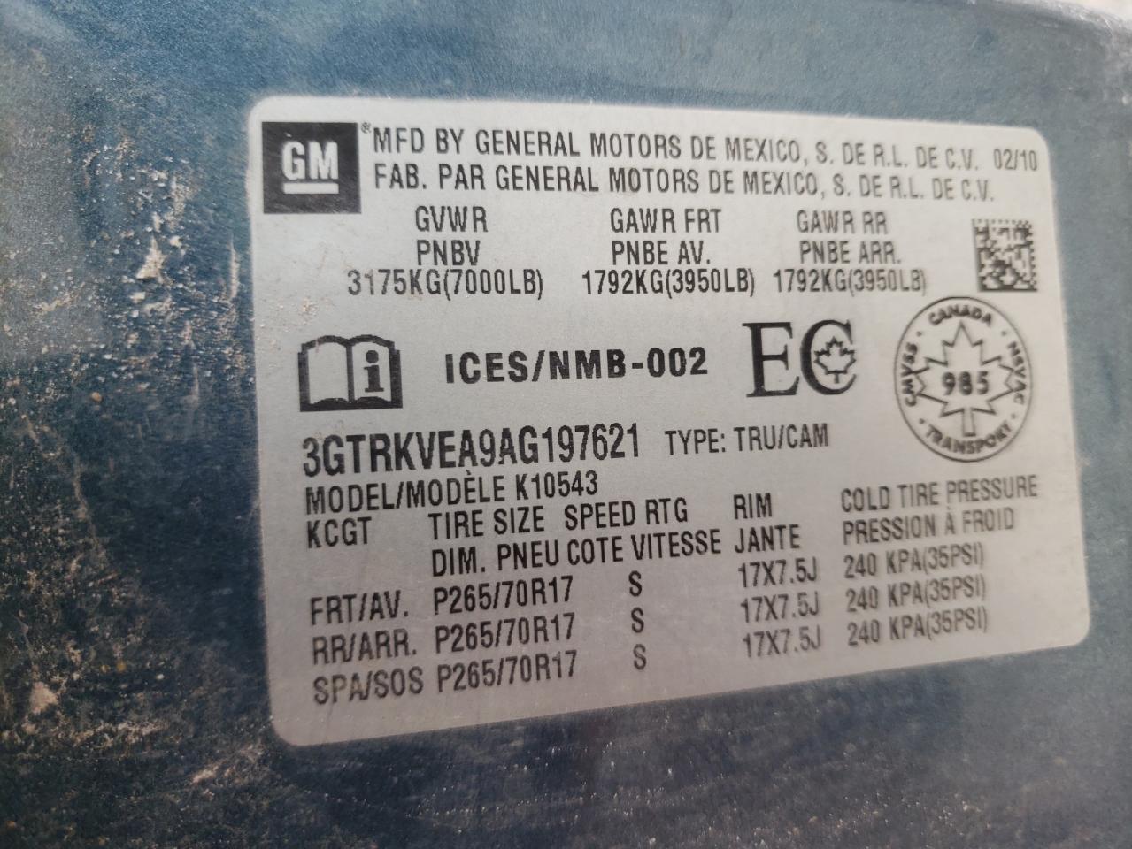 3GTRKVEA9AG197621 2010 GMC Sierra K1500 Sle