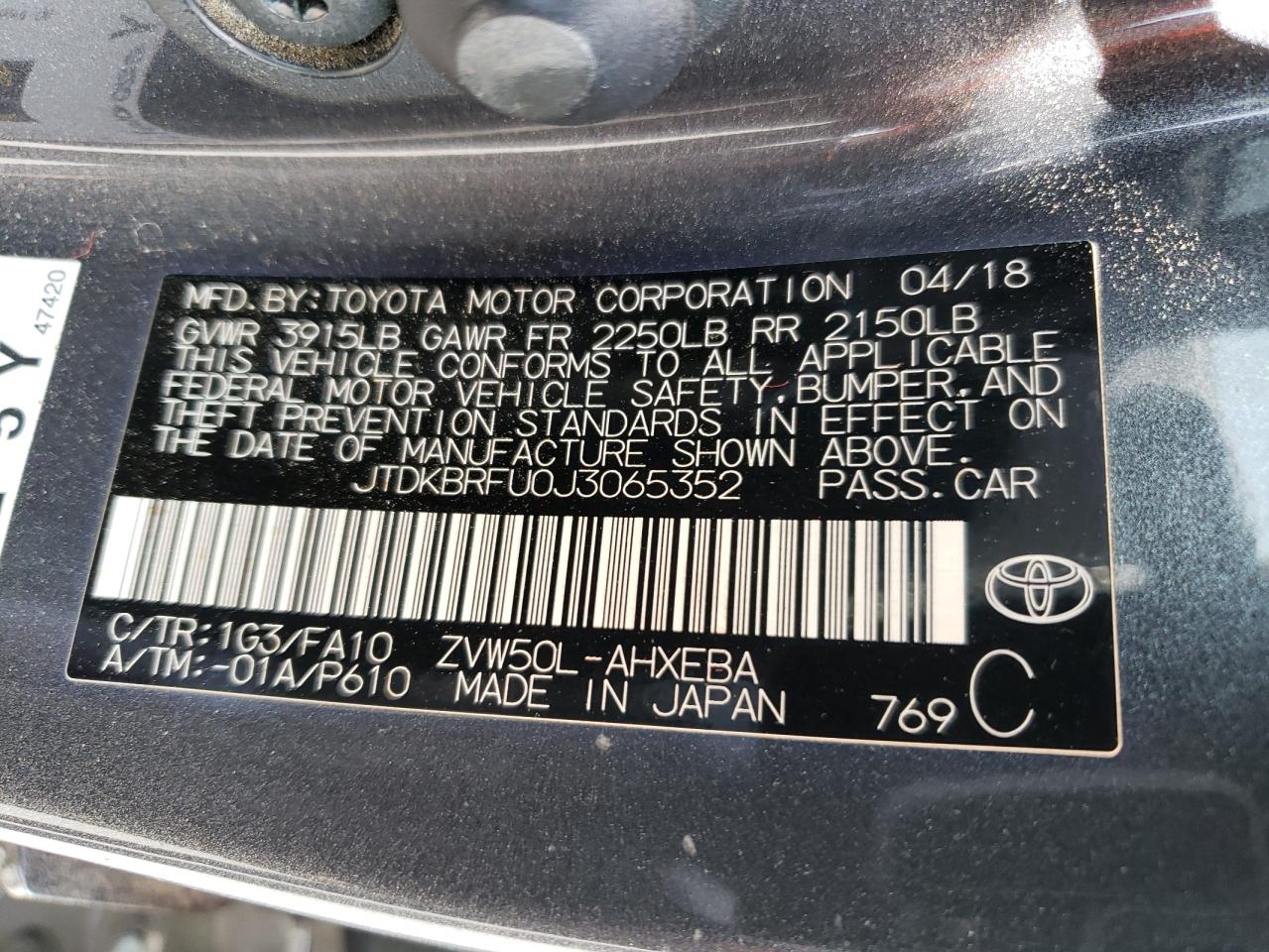 JTDKBRFU0J3065352 2018 Toyota Prius