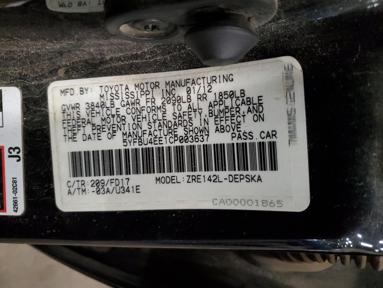 5YFBU4EE1CP003637 2012 Toyota Corolla Base