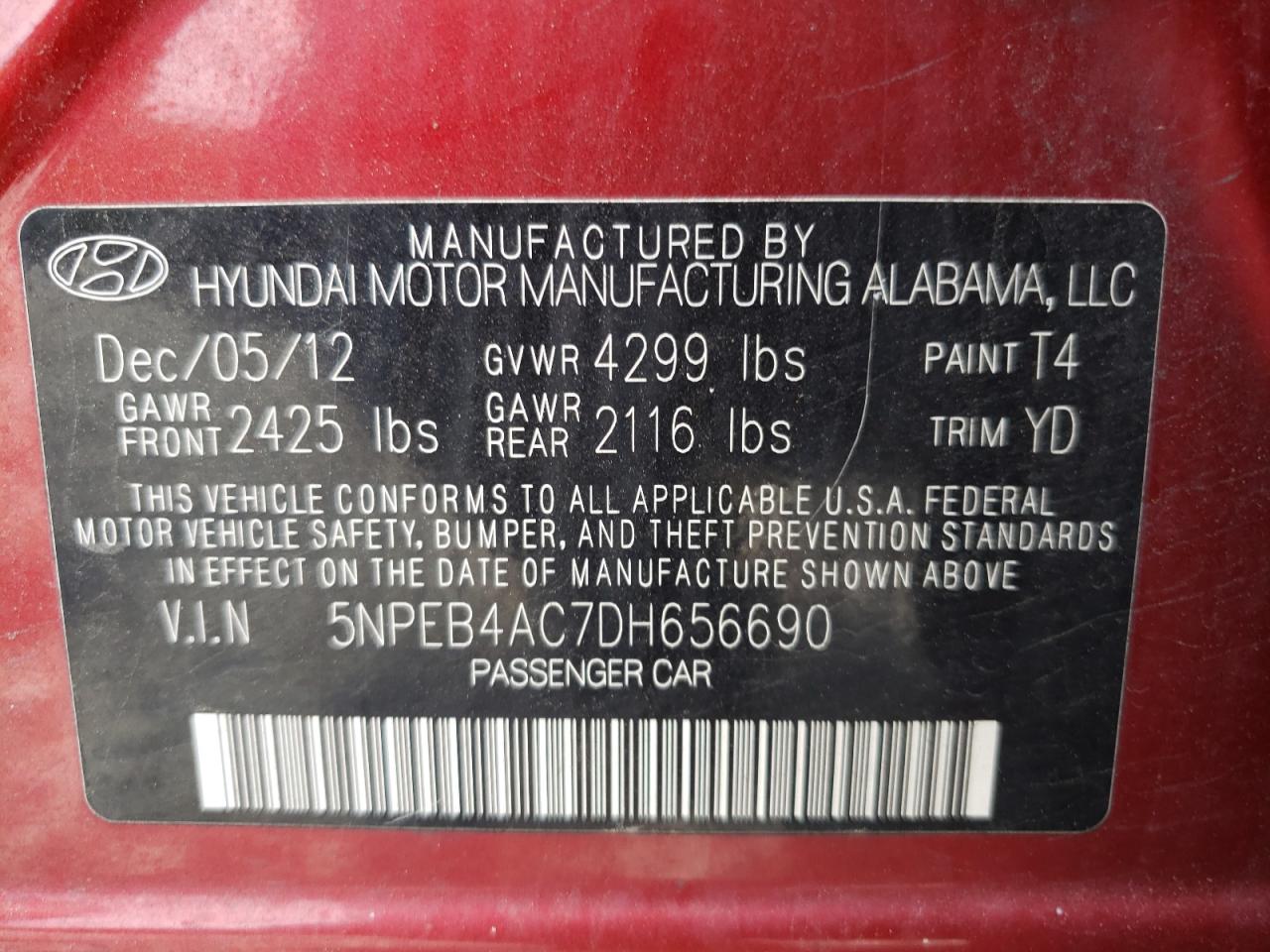 5NPEB4AC7DH656690 2013 Hyundai Sonata Gls