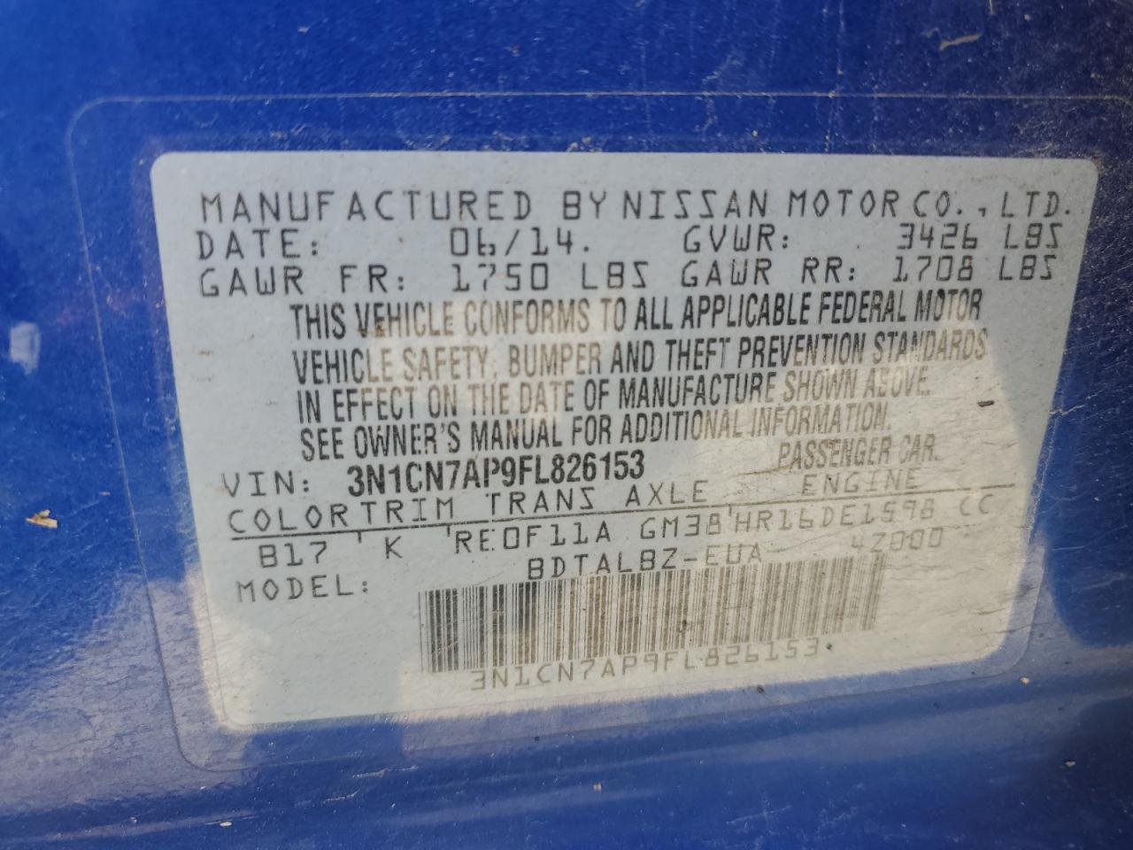 3N1CN7AP9FL826153 2015 Nissan Versa S
