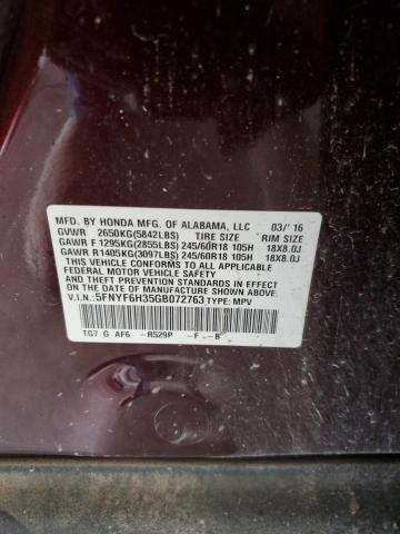 2016 Honda Pilot Ex VIN: 5FNYF6H35GB072763 Lot: 55009844