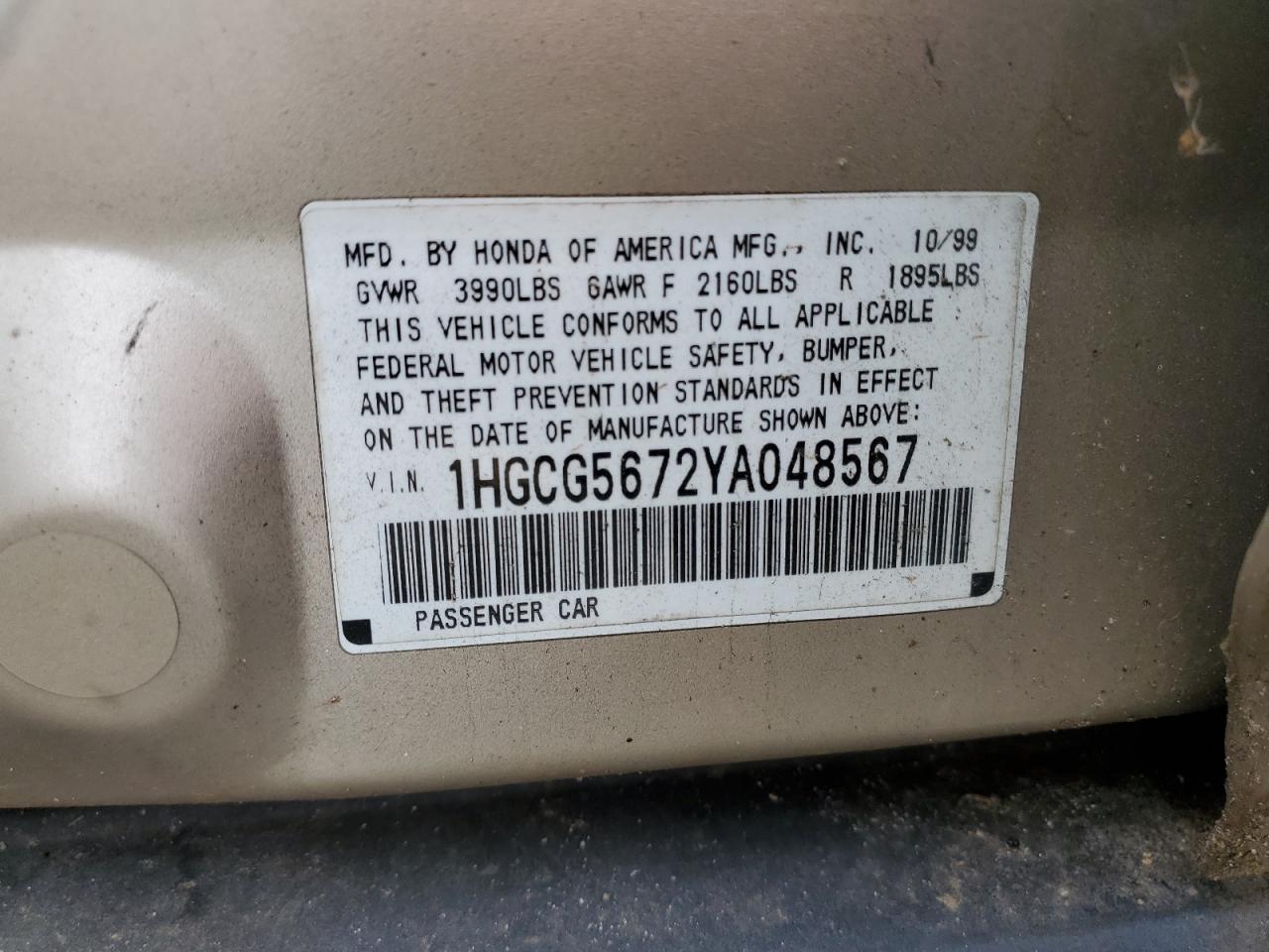 1HGCG5672YA048567 2000 Honda Accord Se