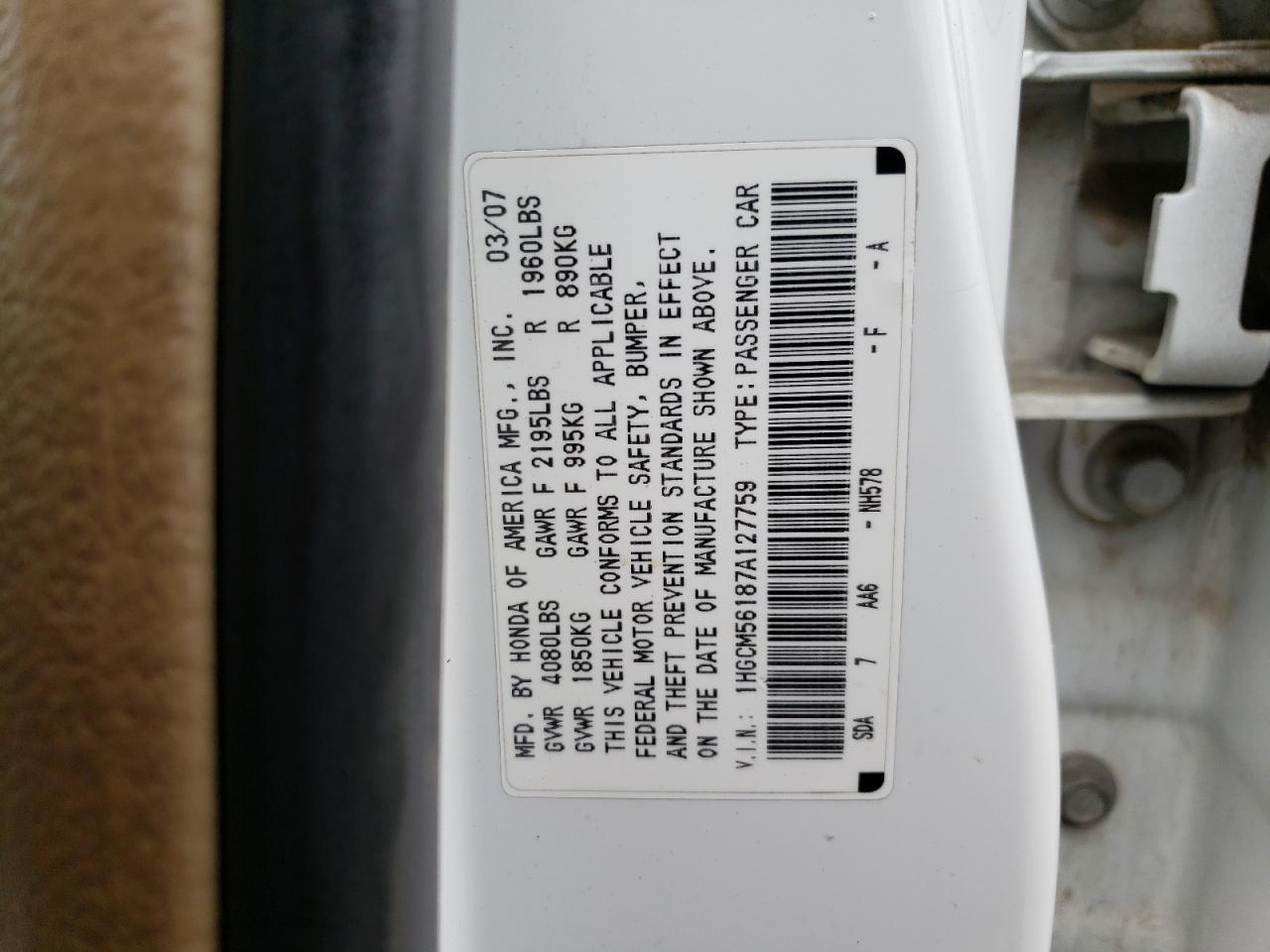 1HGCM56187A127759 2007 Honda Accord Value