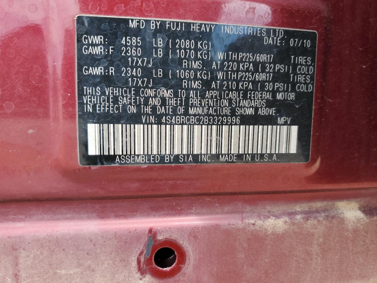 4S4BRCBC2B3329996 2011 Subaru Outback 2.5I Premium