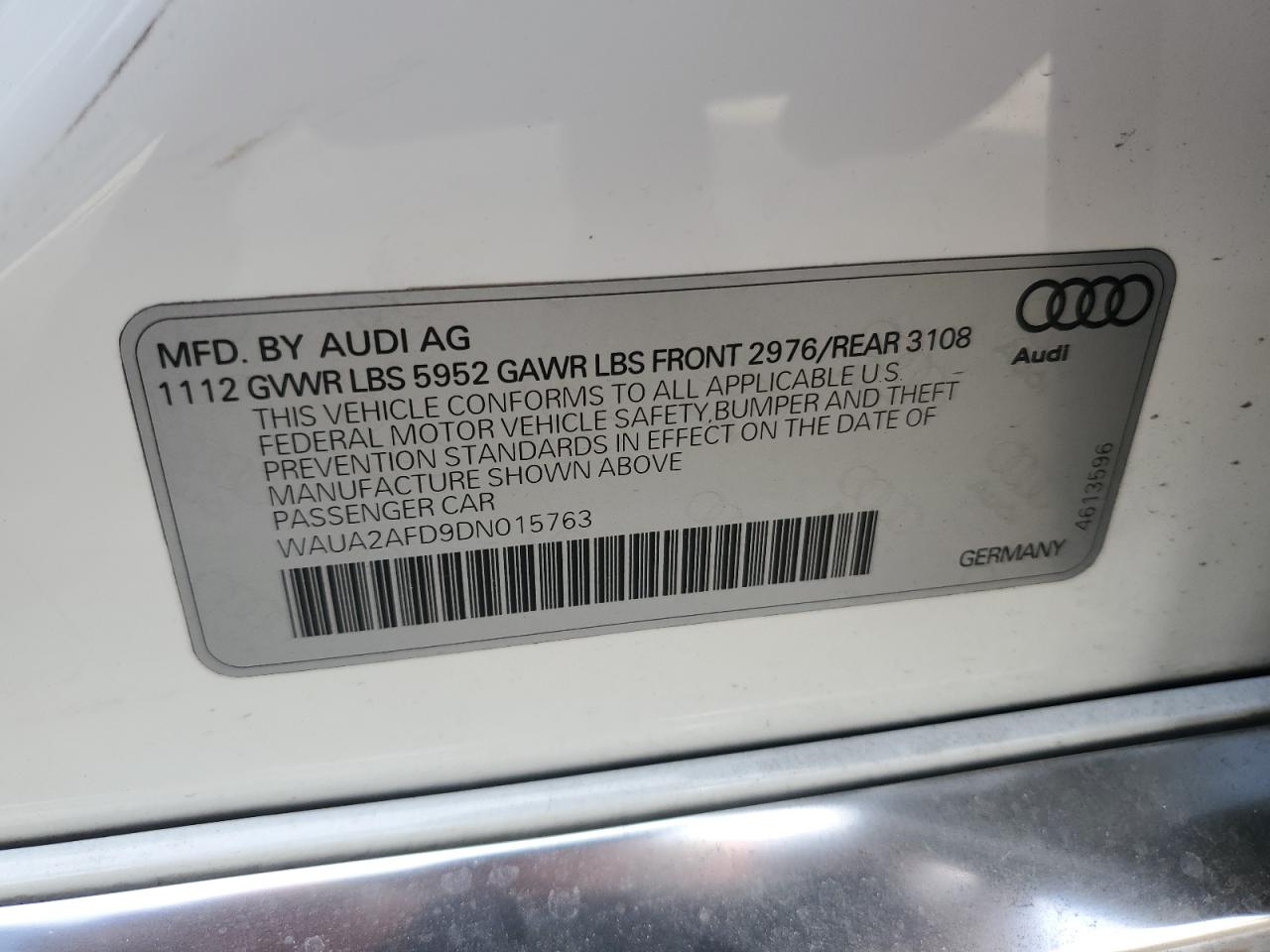 WAUA2AFD9DN015763 2013 Audi A8 Quattro